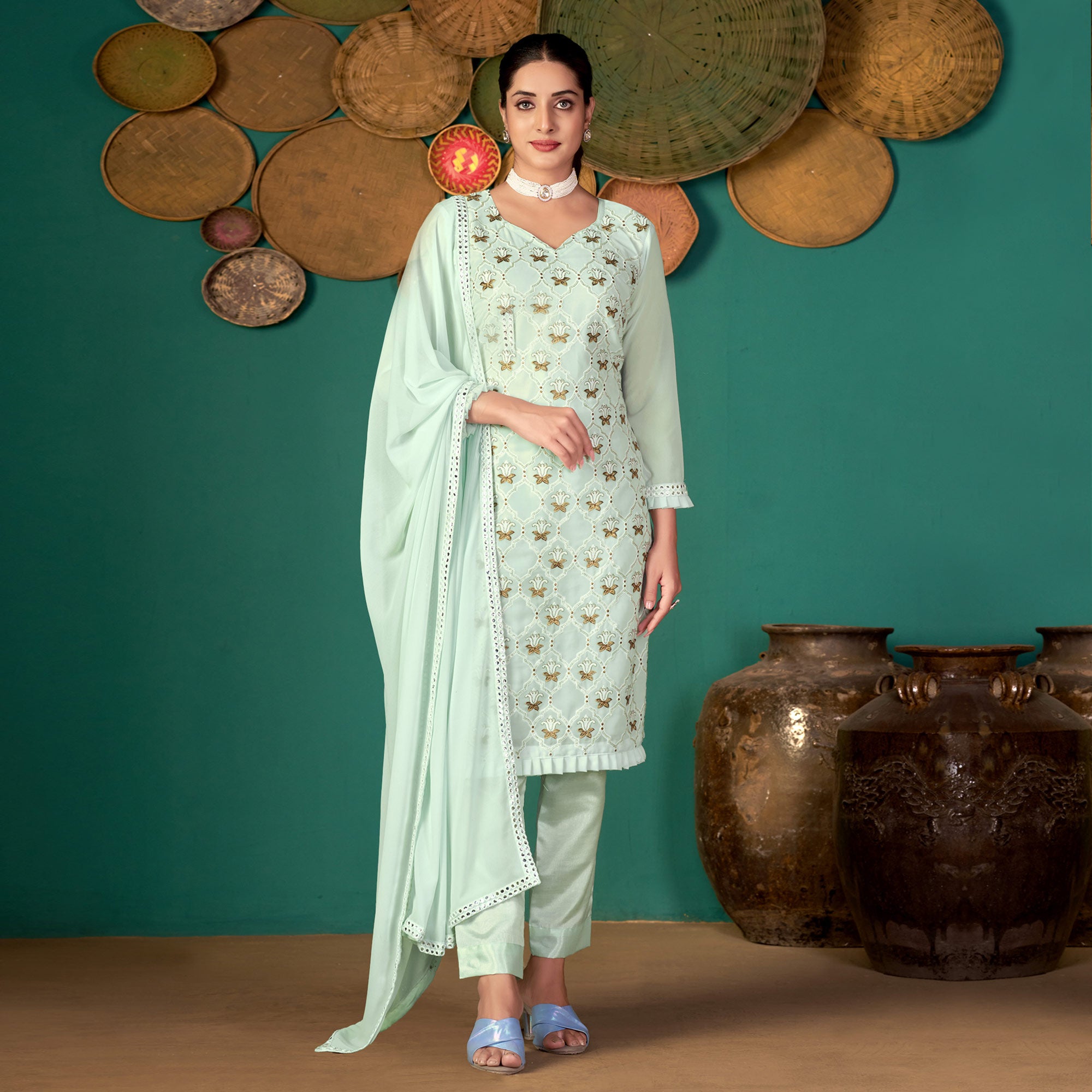 Pastel Green Floral Embroidered Georgette Suit