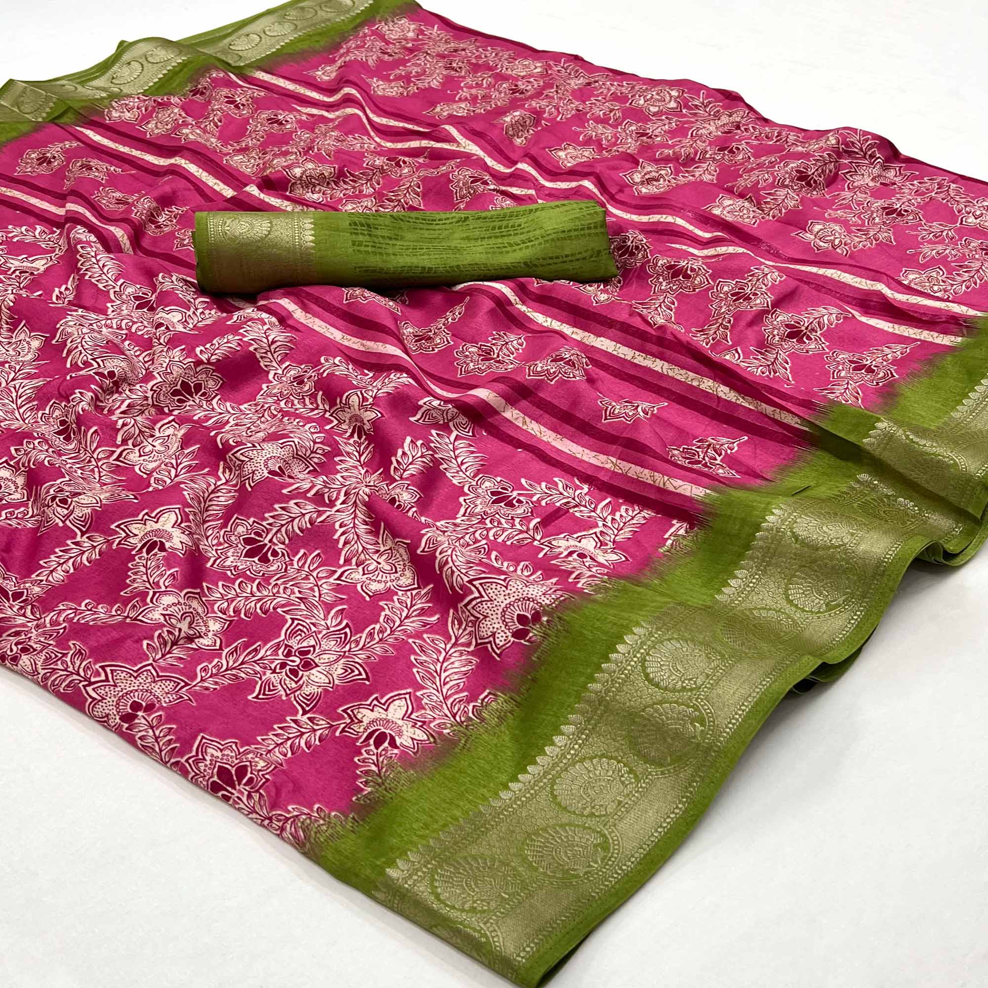 Pink Floral Printed With Woven Border Dola Silk Saree