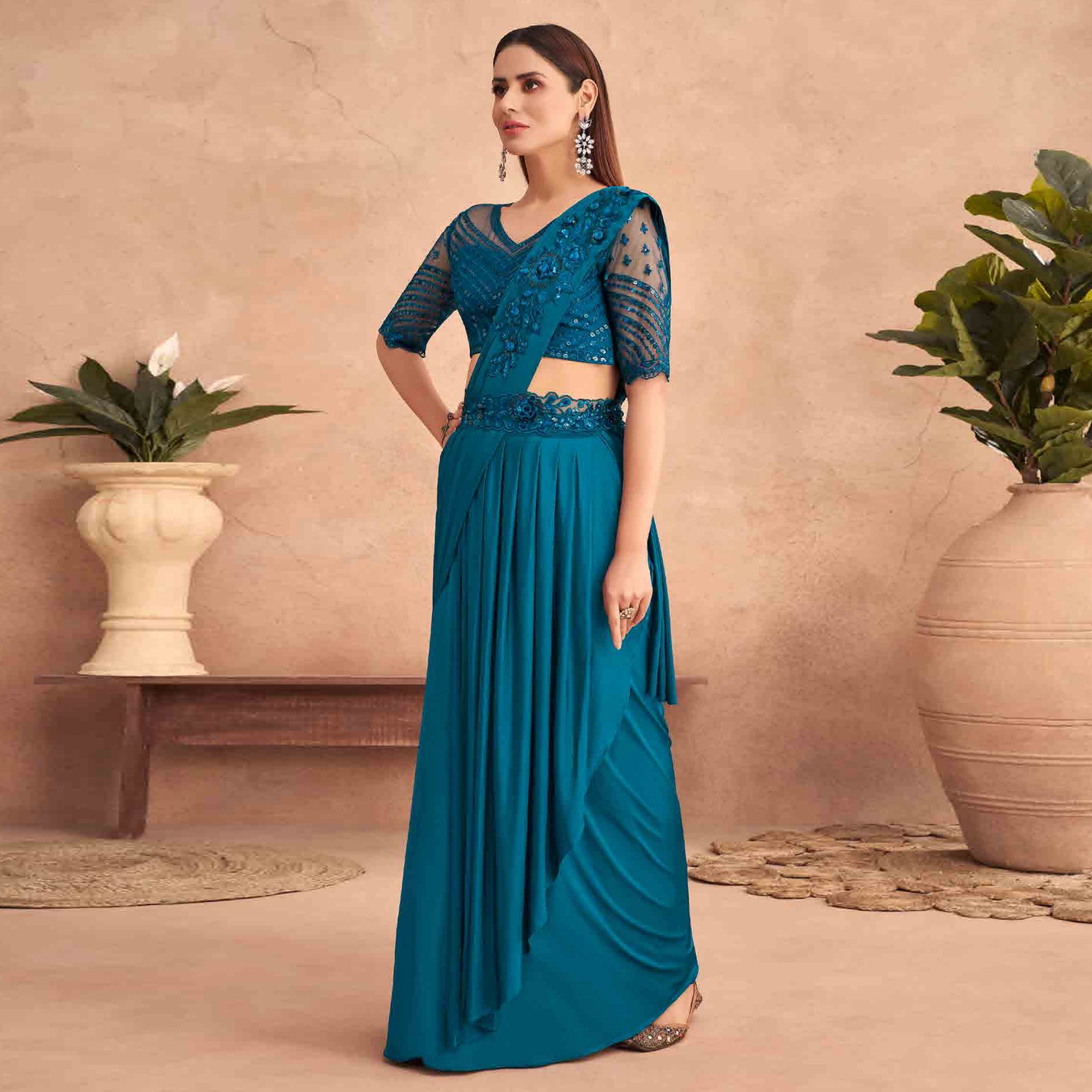 Teal Blue Sequins Embroidered Ready to Wear Lycra Saree