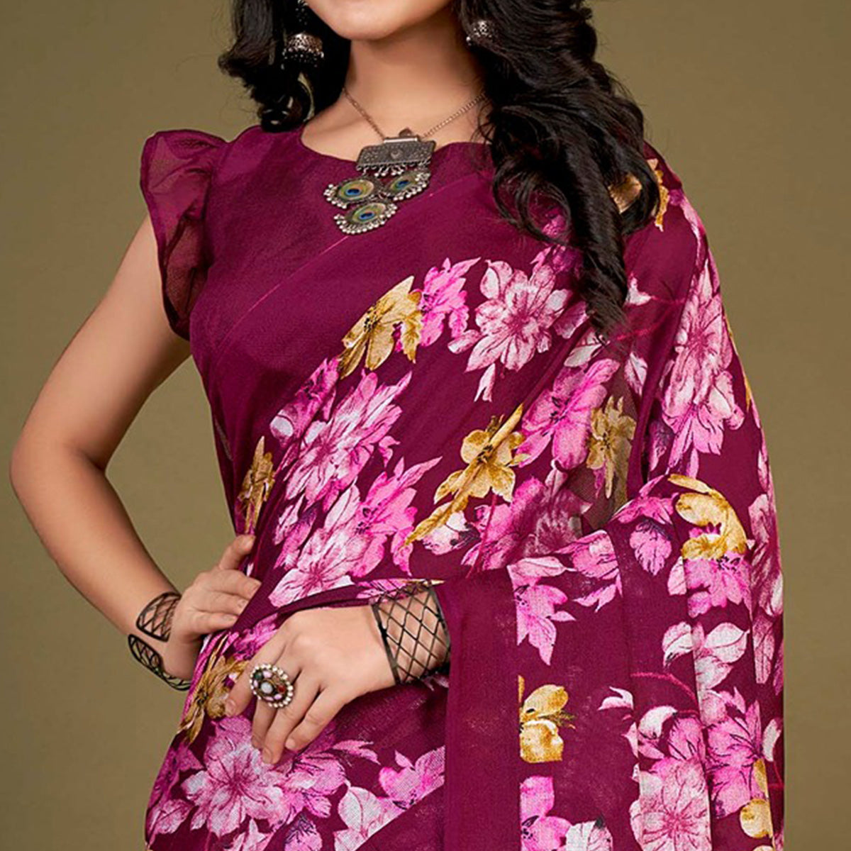 Purple Floral Printed Jute Saree With Tassels