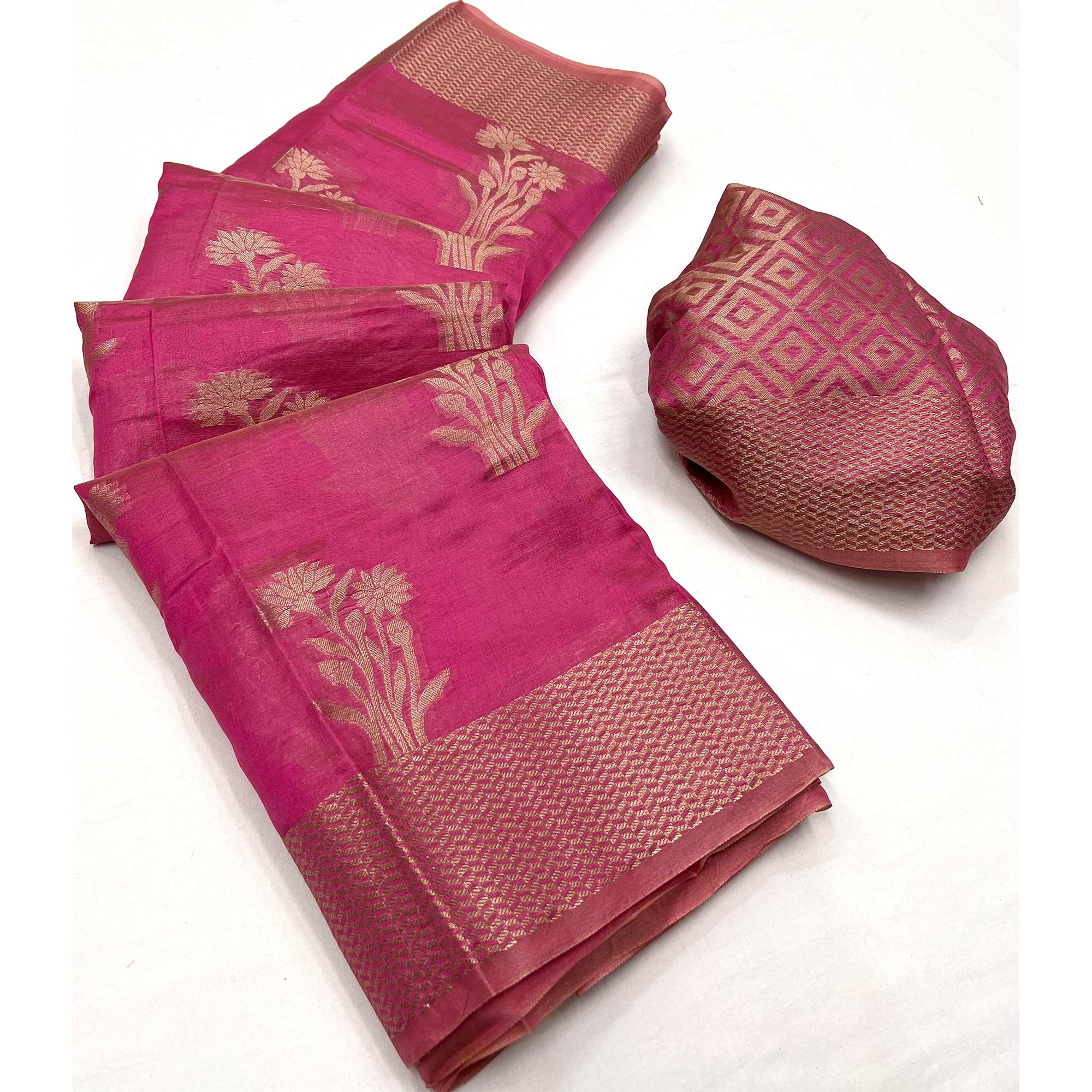 Rani Pink Floral Woven Organza Saree