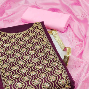 Wine Sequins Floral Embroidered Modal Dress Material