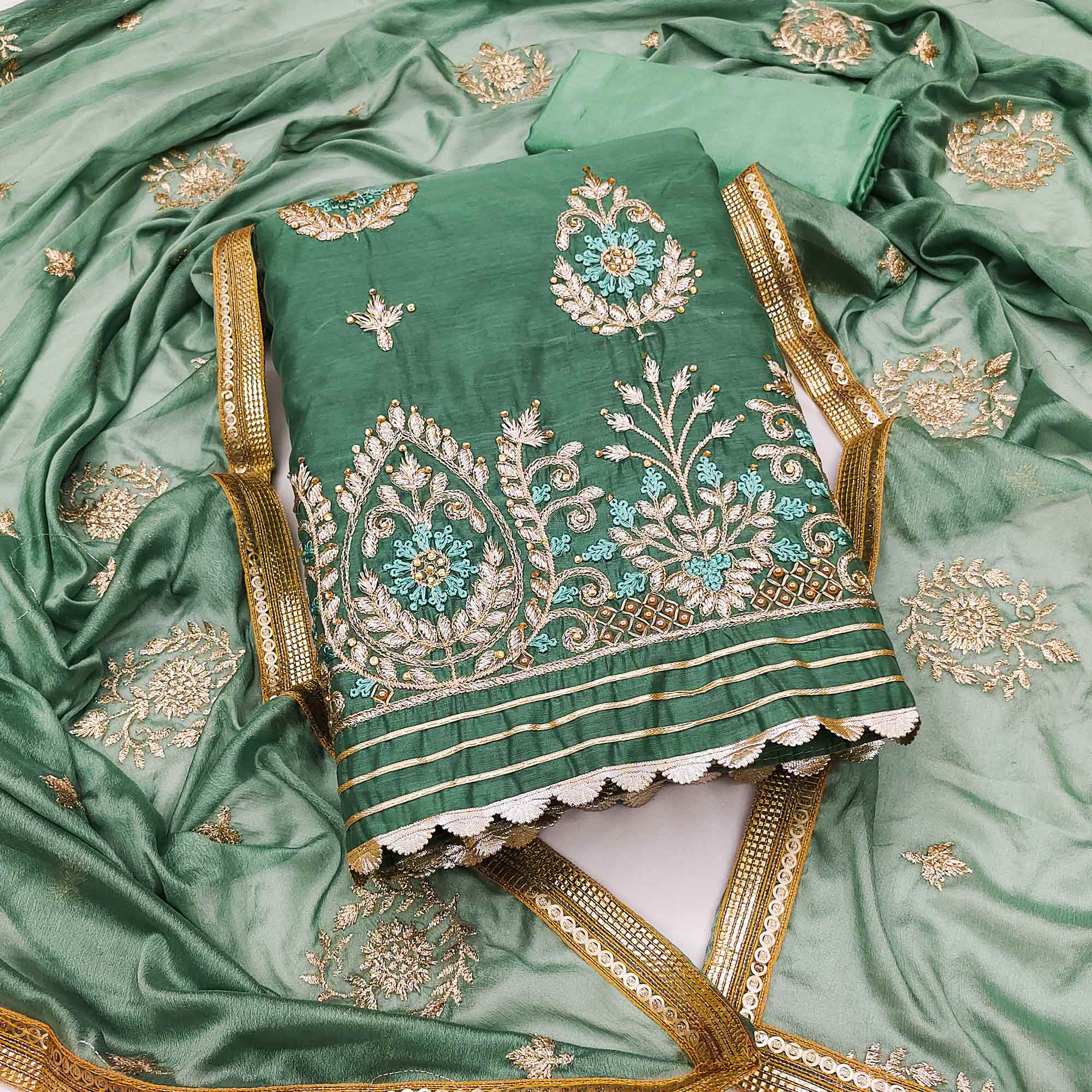 Green Floral Embroidered Modal Dress Material