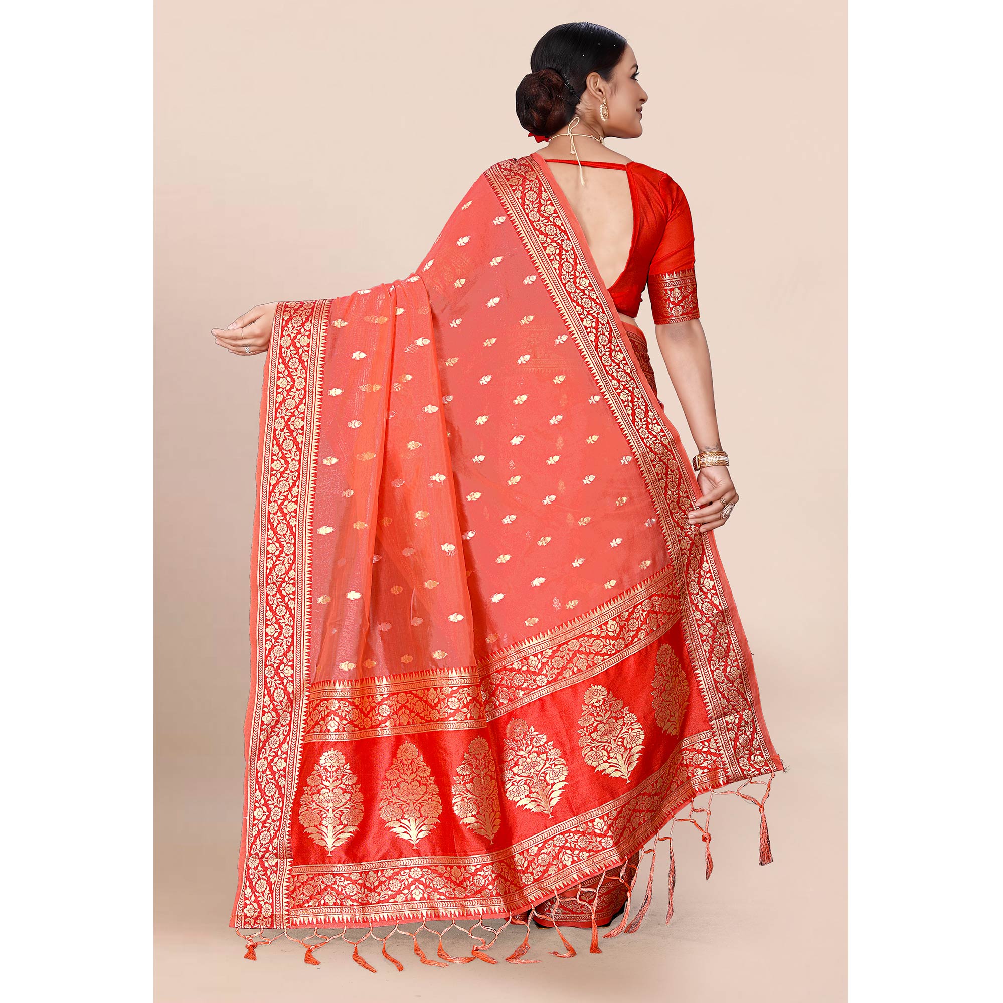 Pink Woven Organza Saree With Tassels