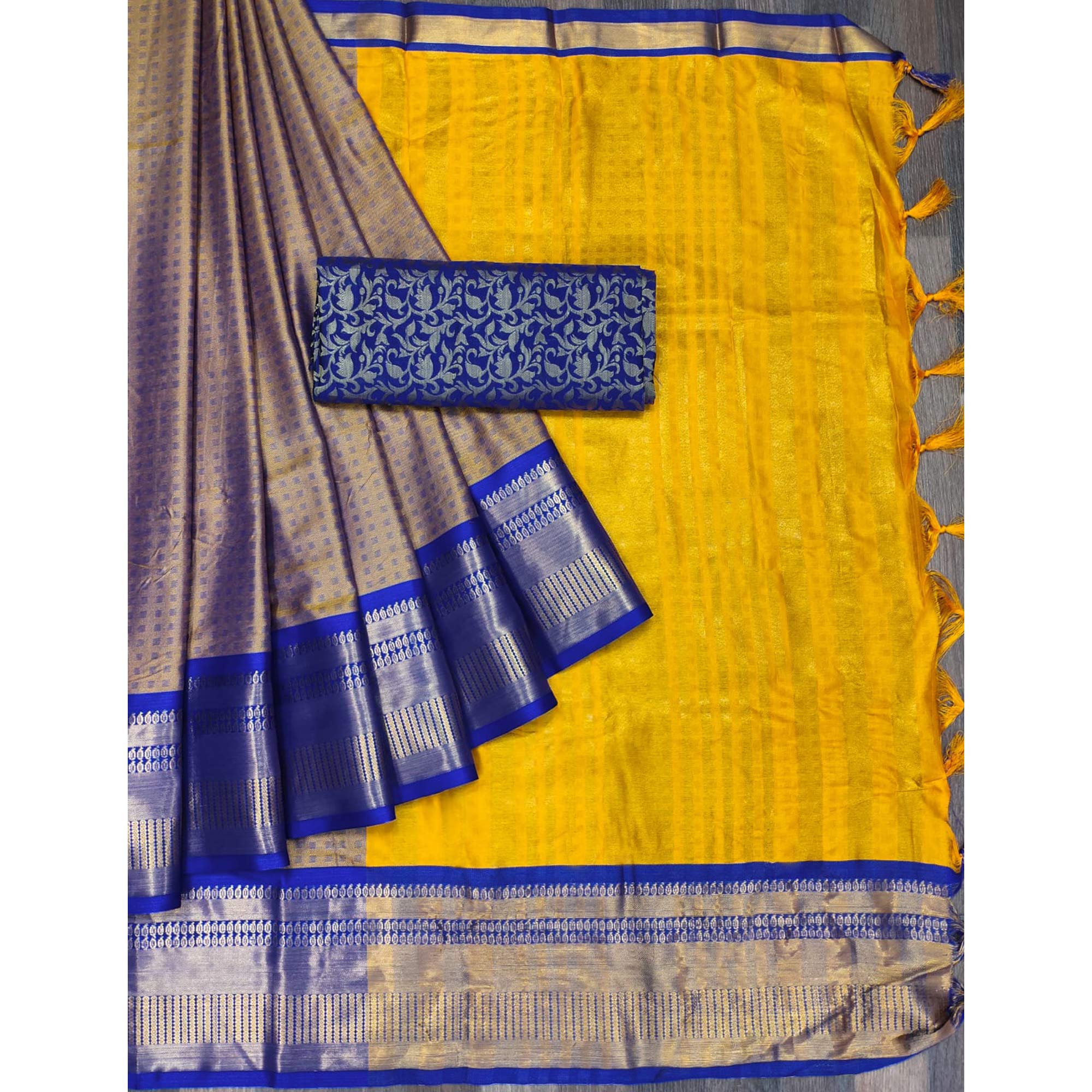 Golden Woven Cotton Silk Saree With Tassels