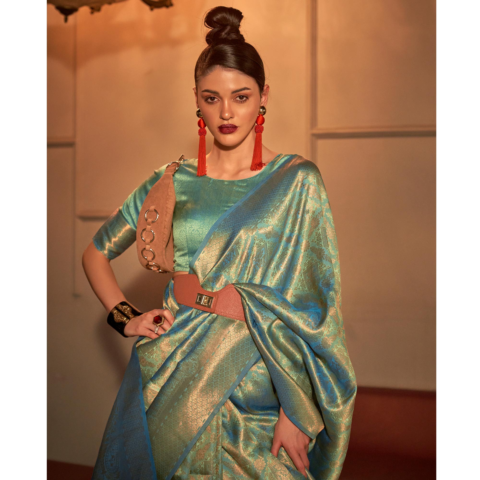 Light Pista Green Woven Art Silk Saree With Tassels