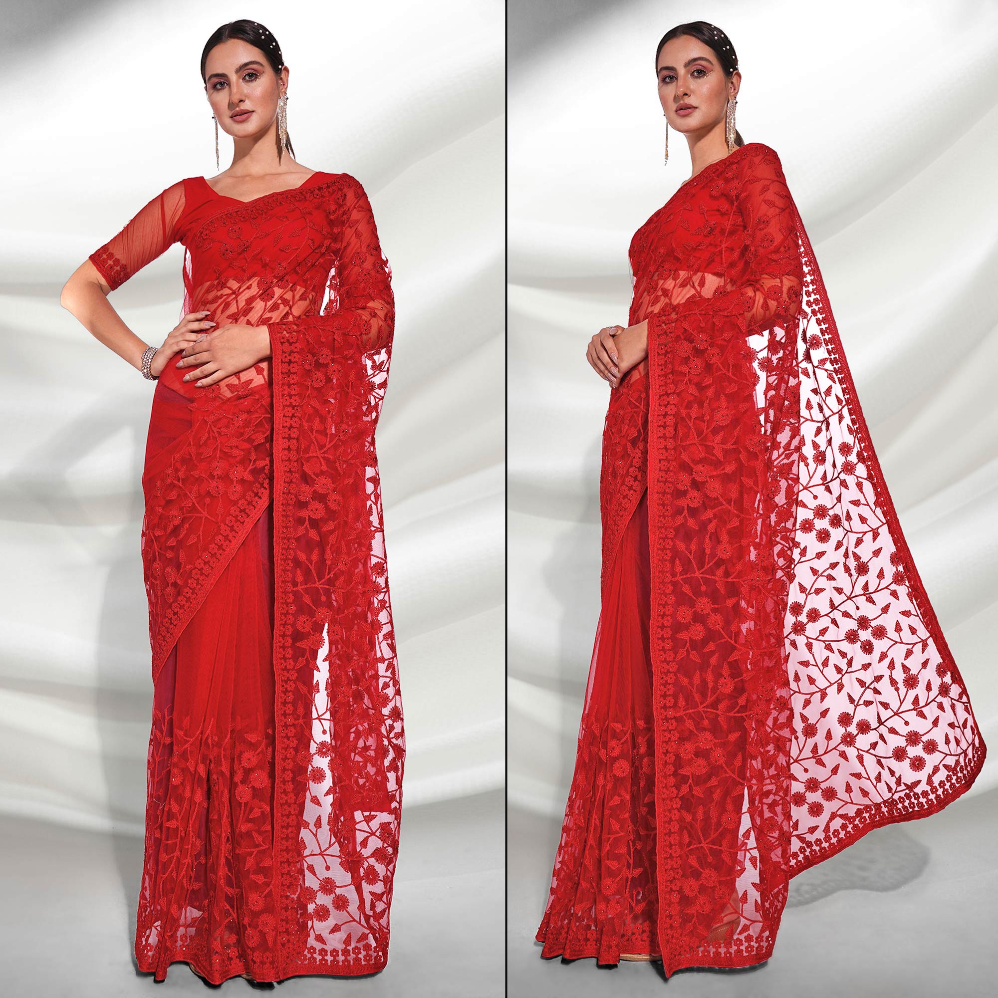 Red Floral Embroidered Soft Net Saree