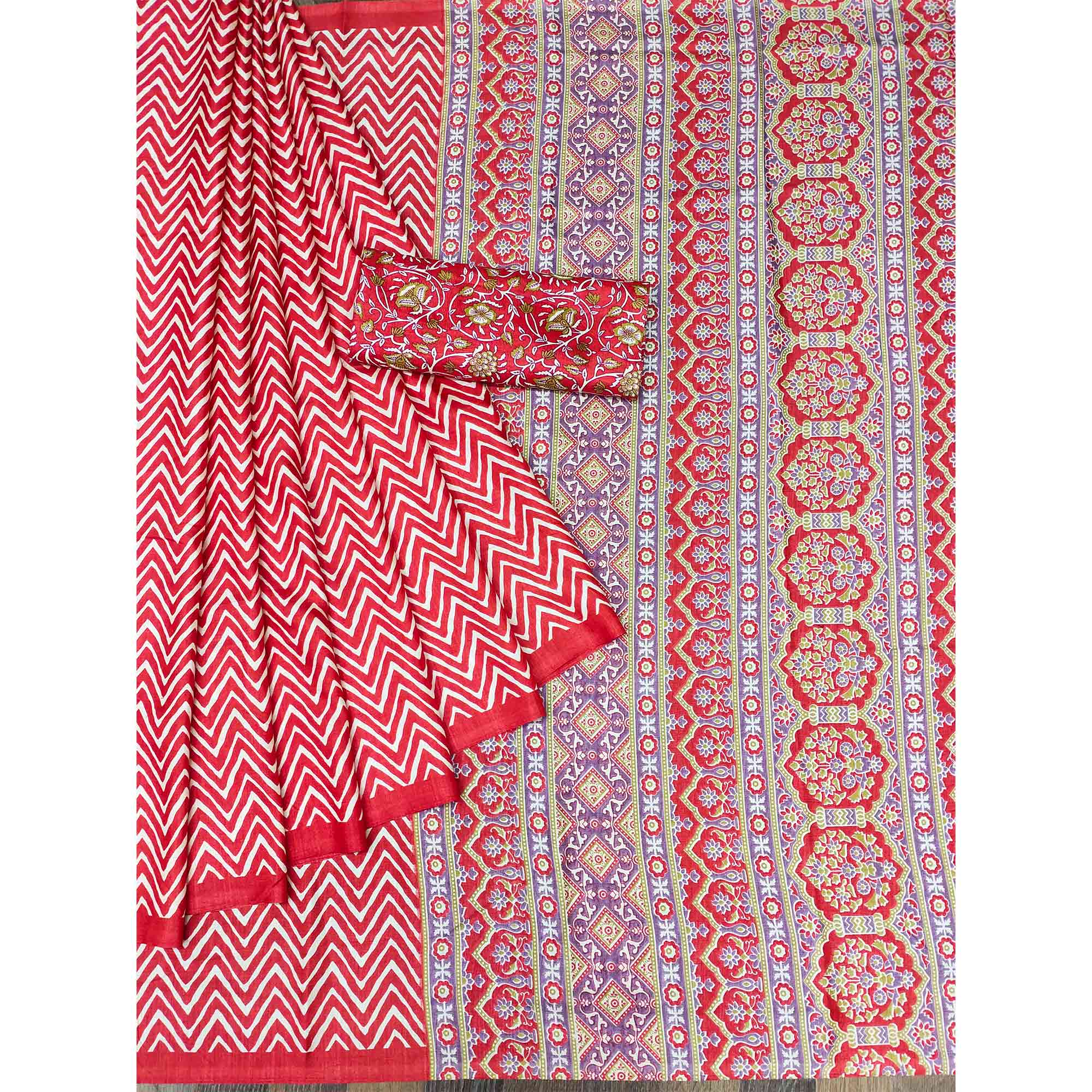Red Striped Printed Art Silk Saree