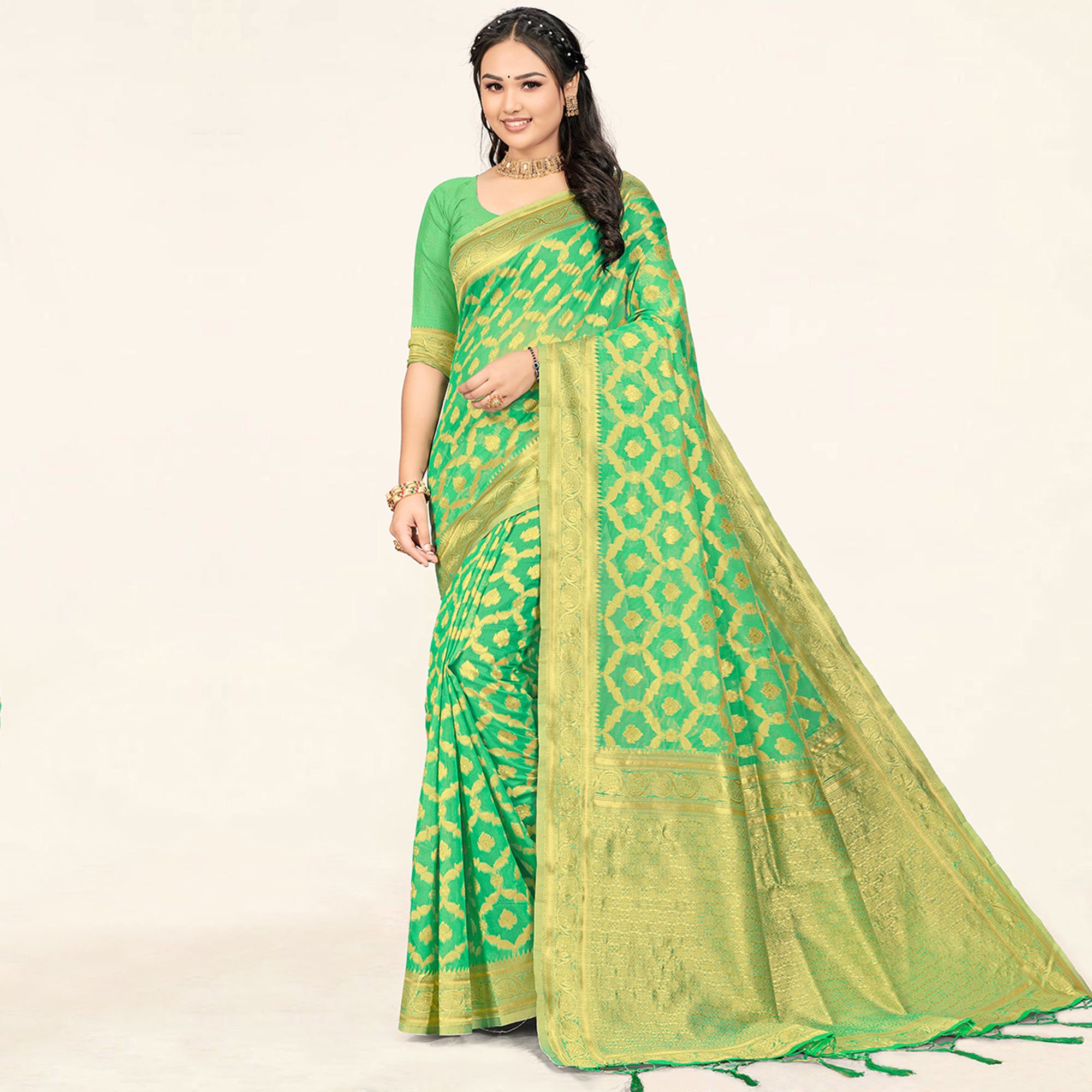 Sea Green Woven Cotton Saree With Tassels