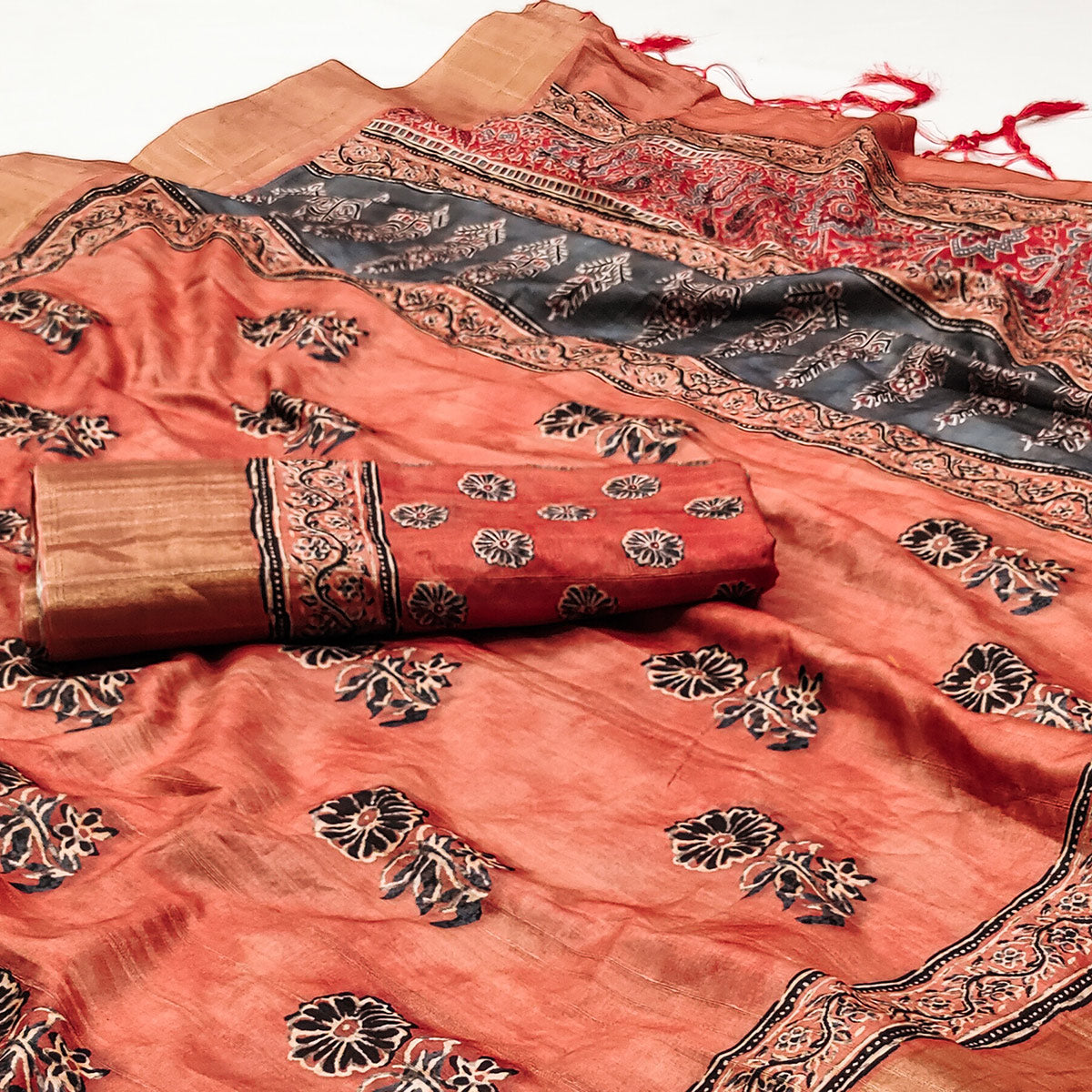 Orange Floral Printed Matka Tussar Saree With Tassels