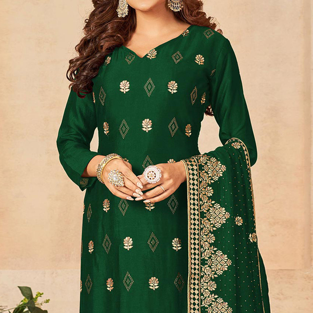 Green Embroidered Vichitra Silk Suit