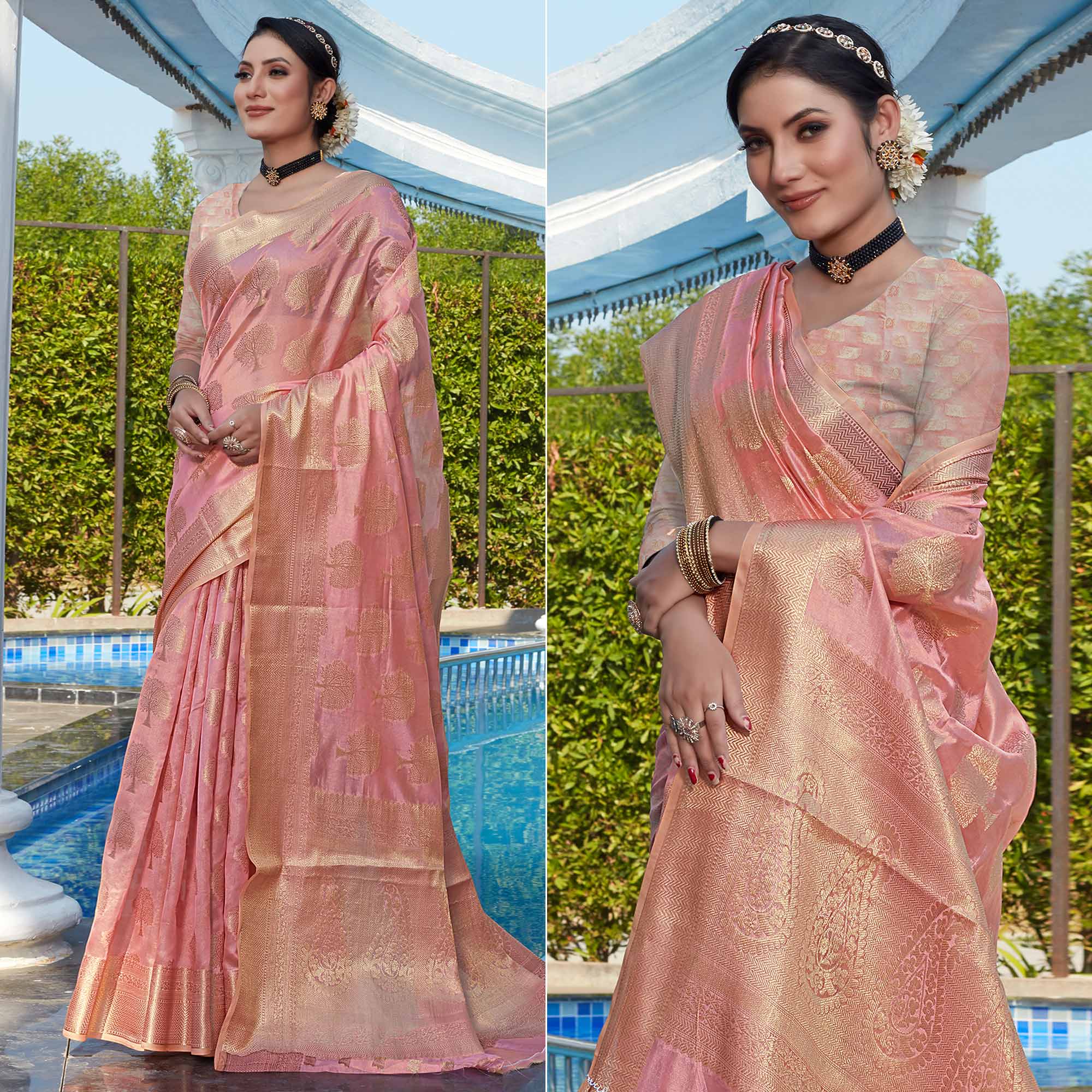 Pink Woven Organza Saree