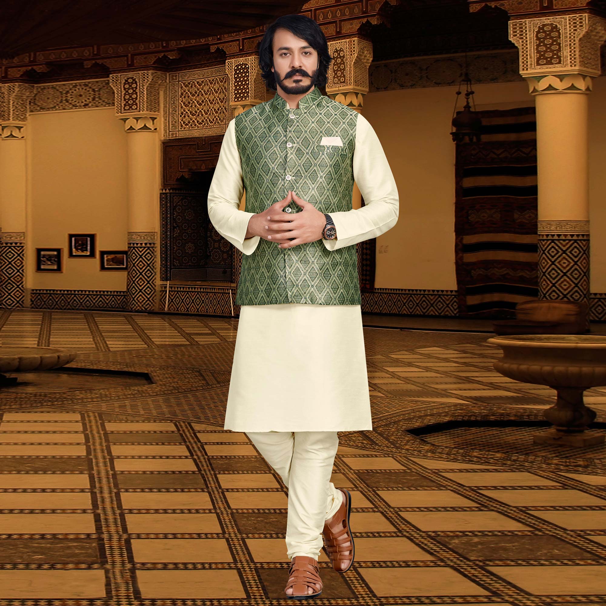 Cream Green Woven Art Silk Kurta Pyjama Set With Jacket