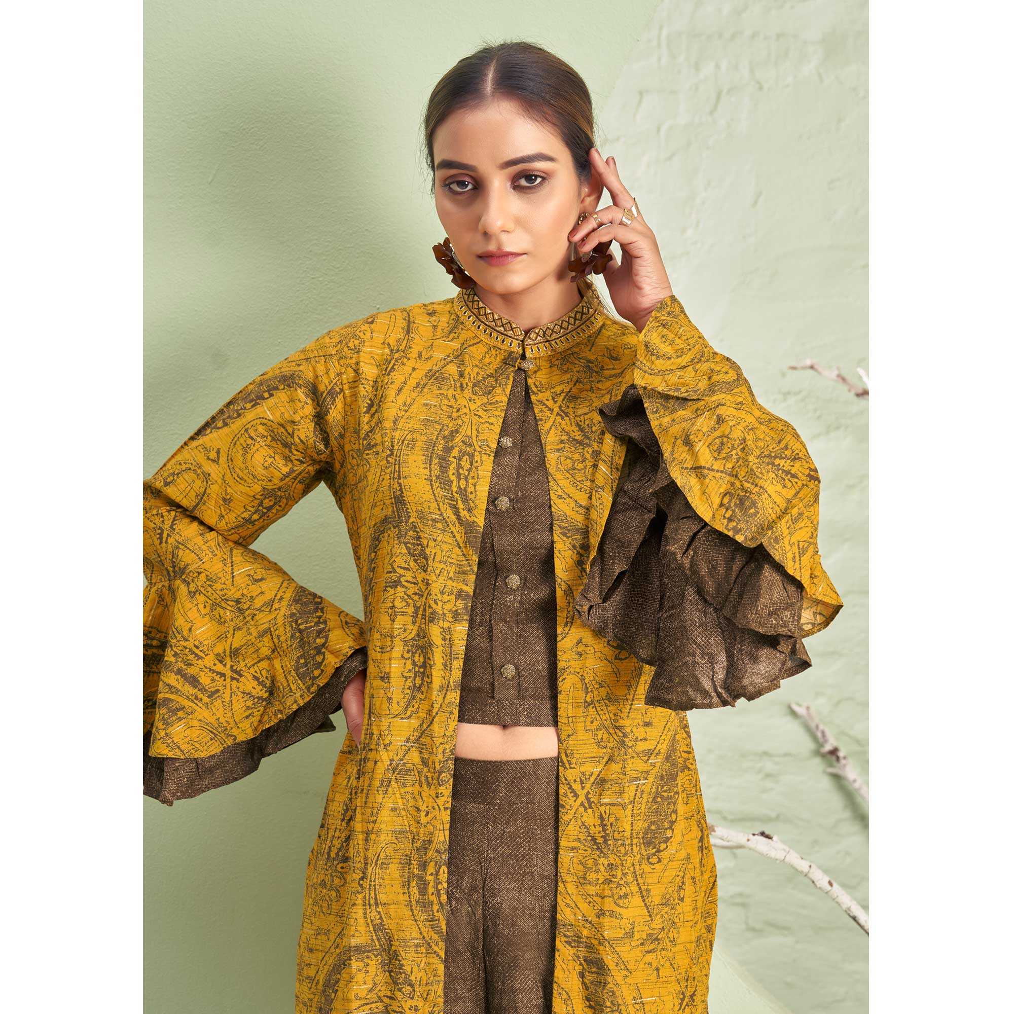 Mustard & Brown Printed Rayon Palazzo Suit With Jacket