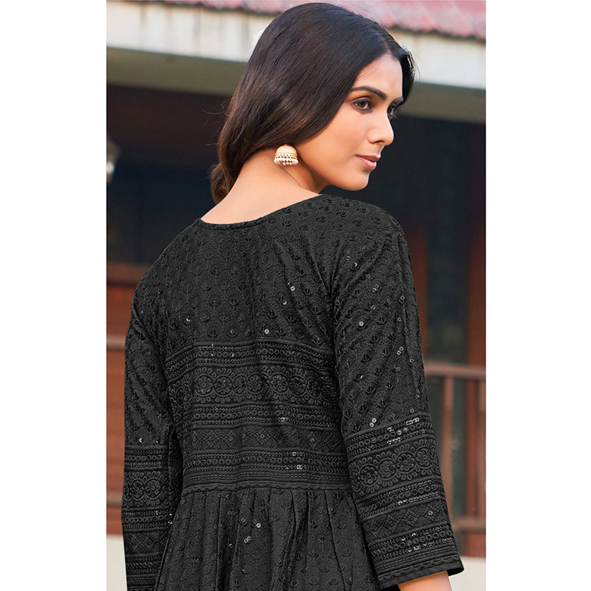 Black Sequins Embroidered Rayon Naira Cut Kurti