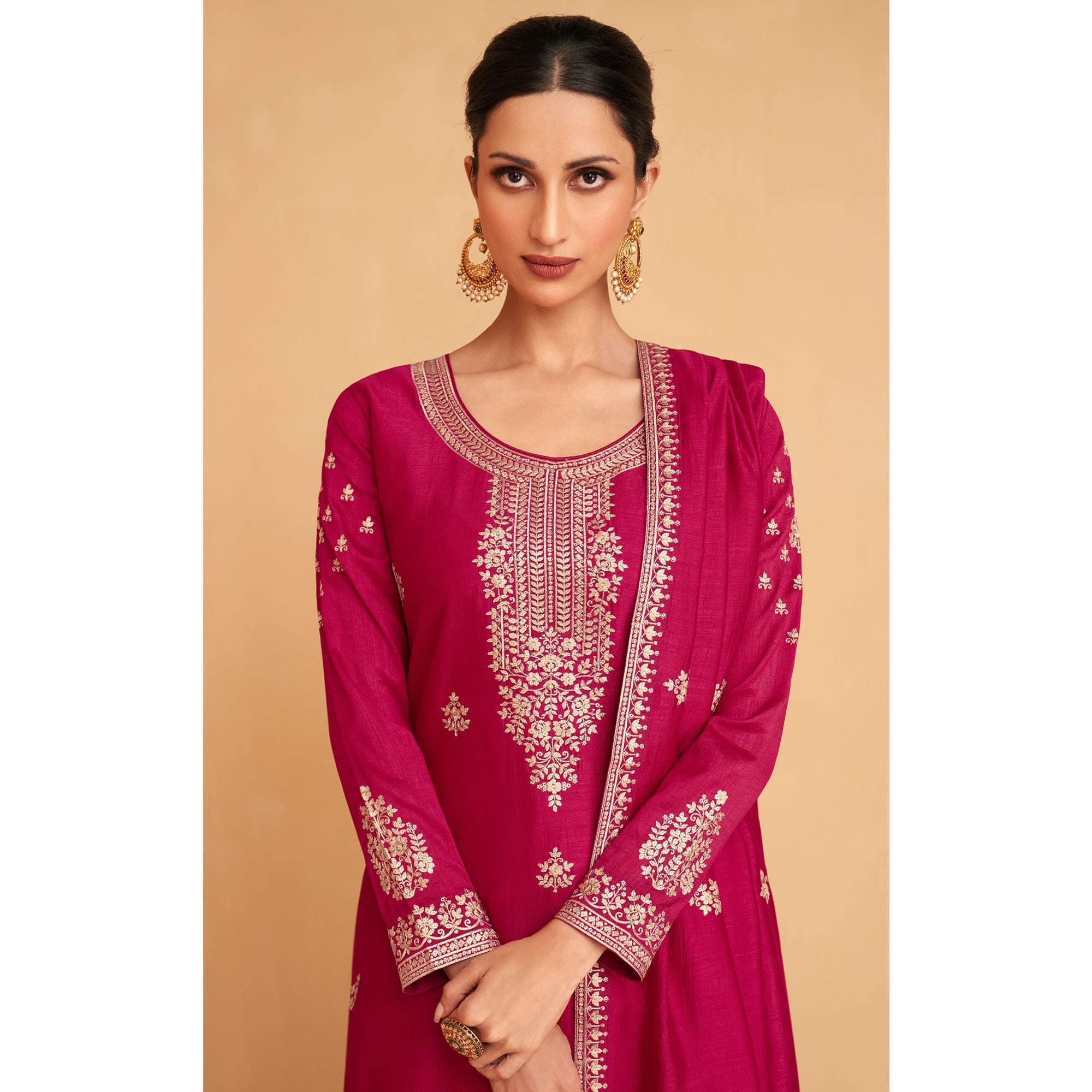 Magenta Pink Embroidered Art Silk Palazzo Suit