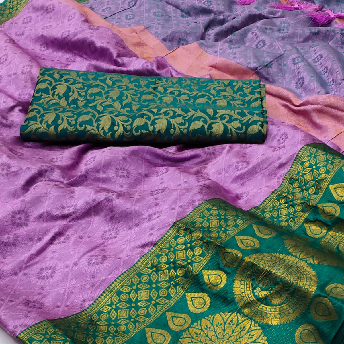 Lavender Woven Cotton Silk Saree With Tassels