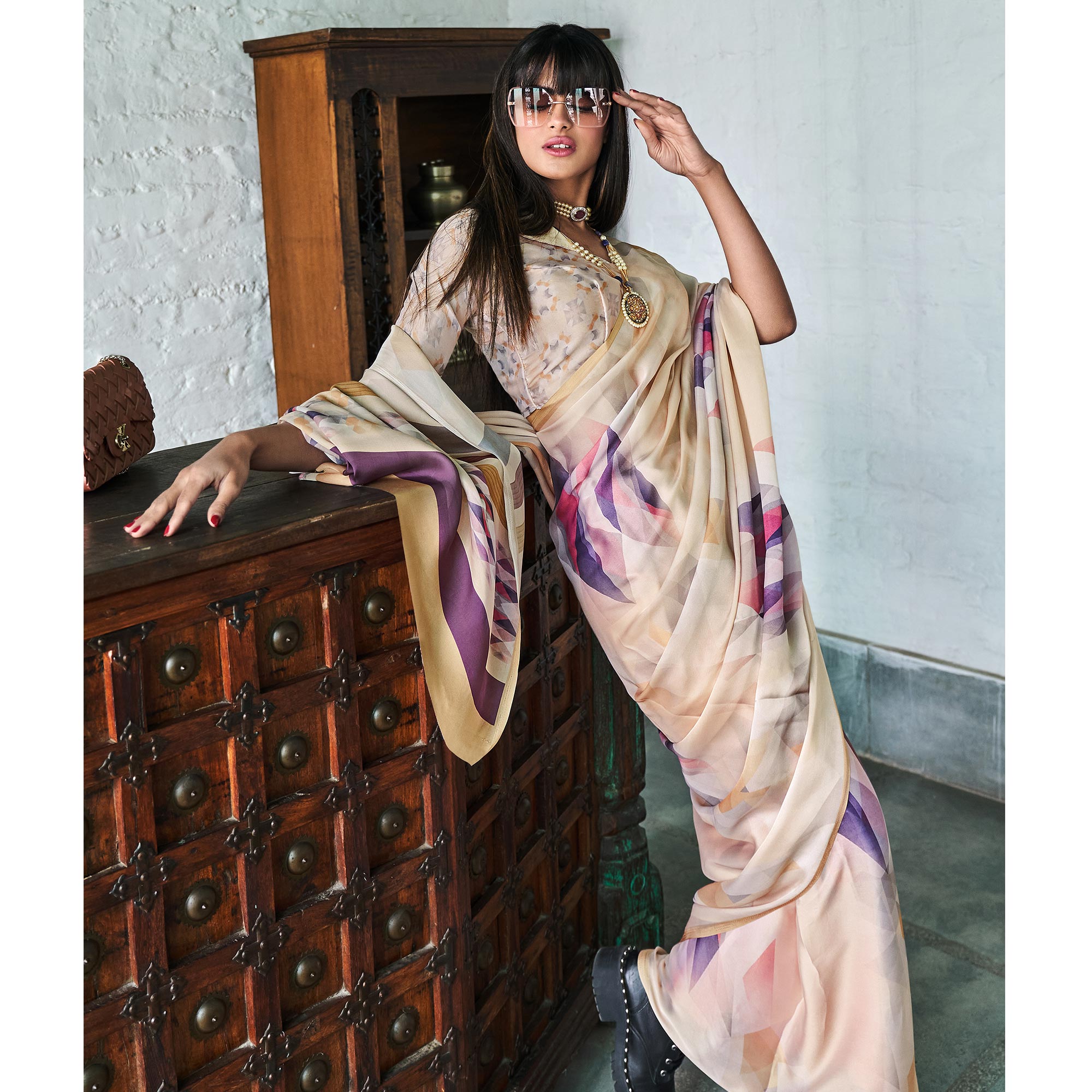 Beige Digital Printed Satin Saree