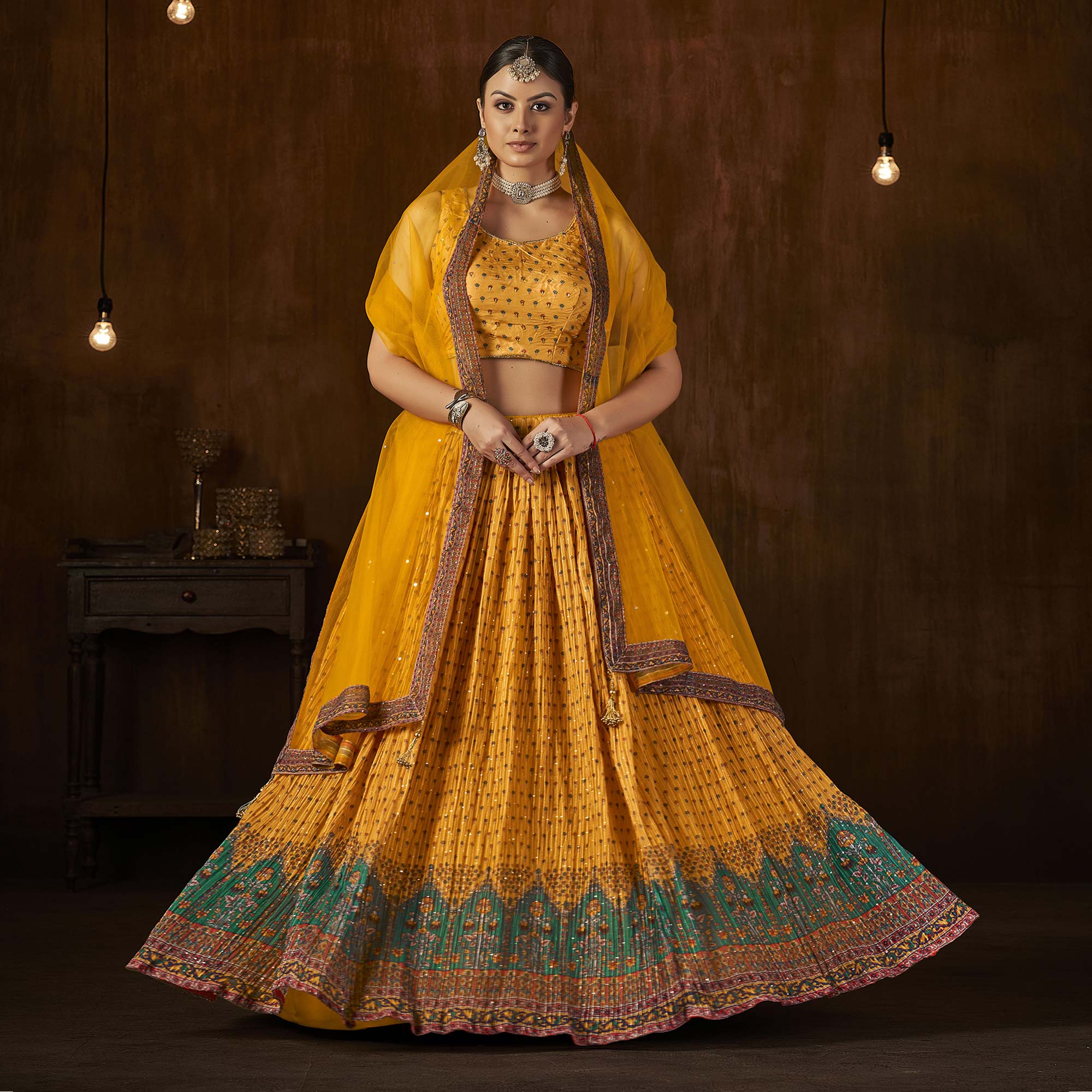 Mustard Printed With Sequins Work Georgette Lehenga Choli