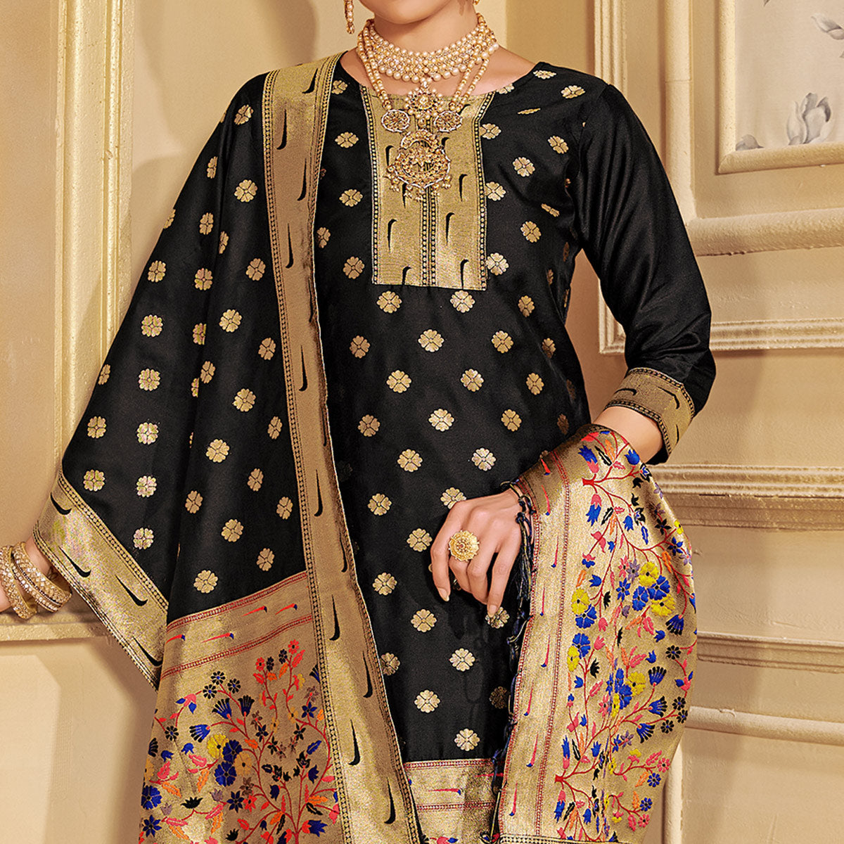 Black Floral Woven Tapetta Silk Salwar Suit