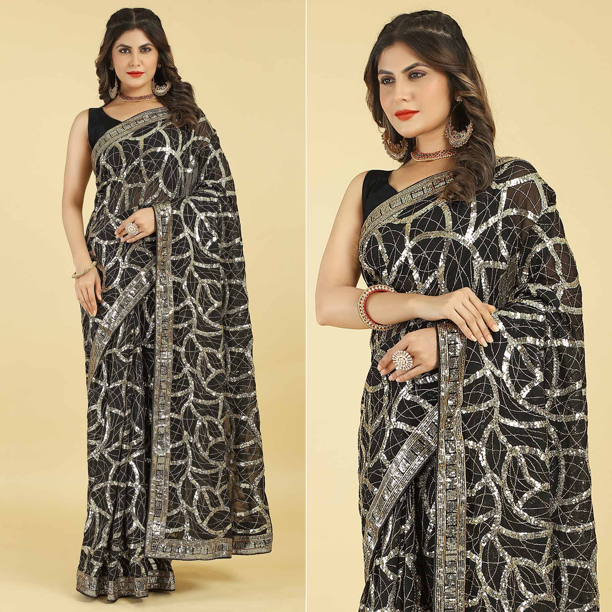 Black Sequins Work Georgette Saree