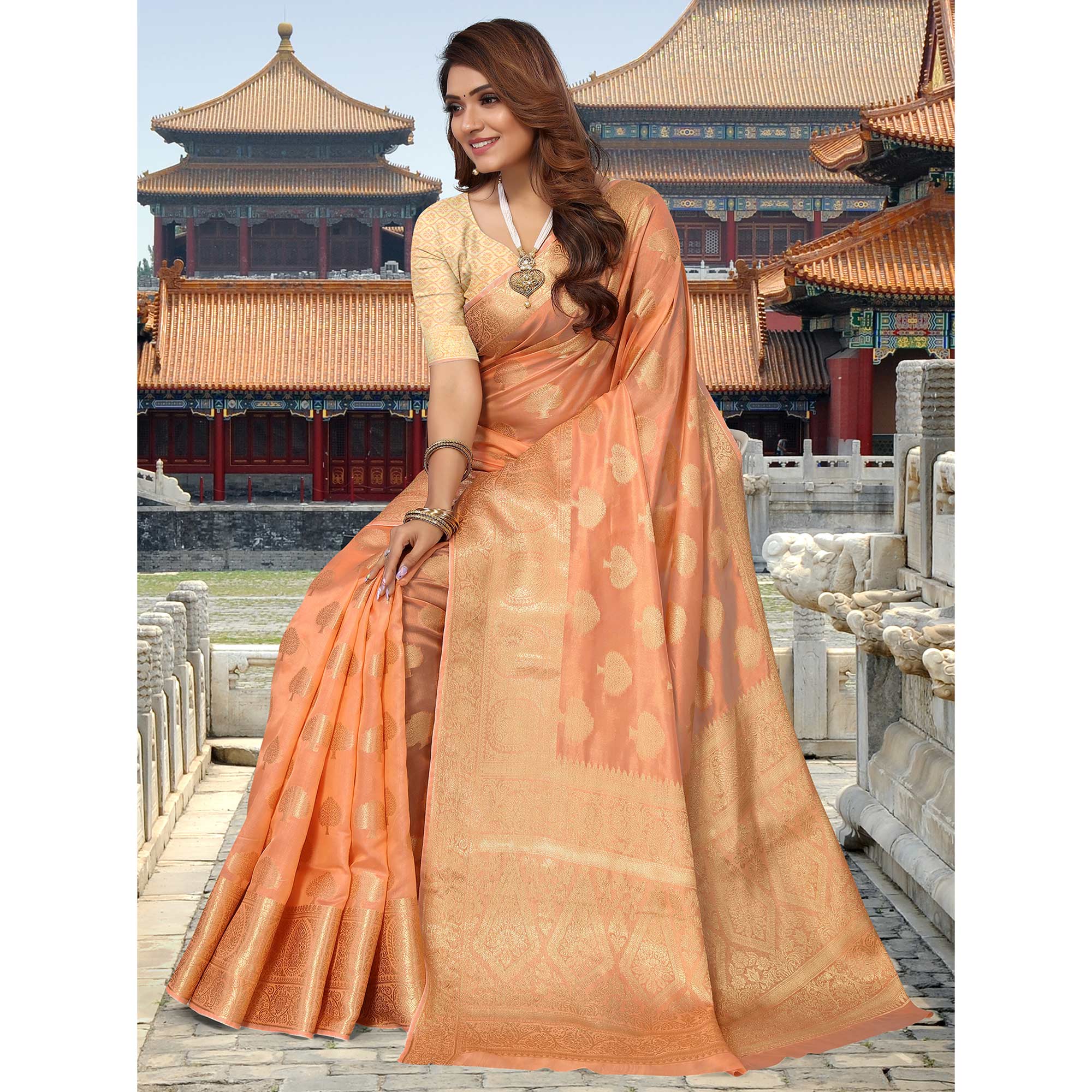 Peach Woven Organza Saree