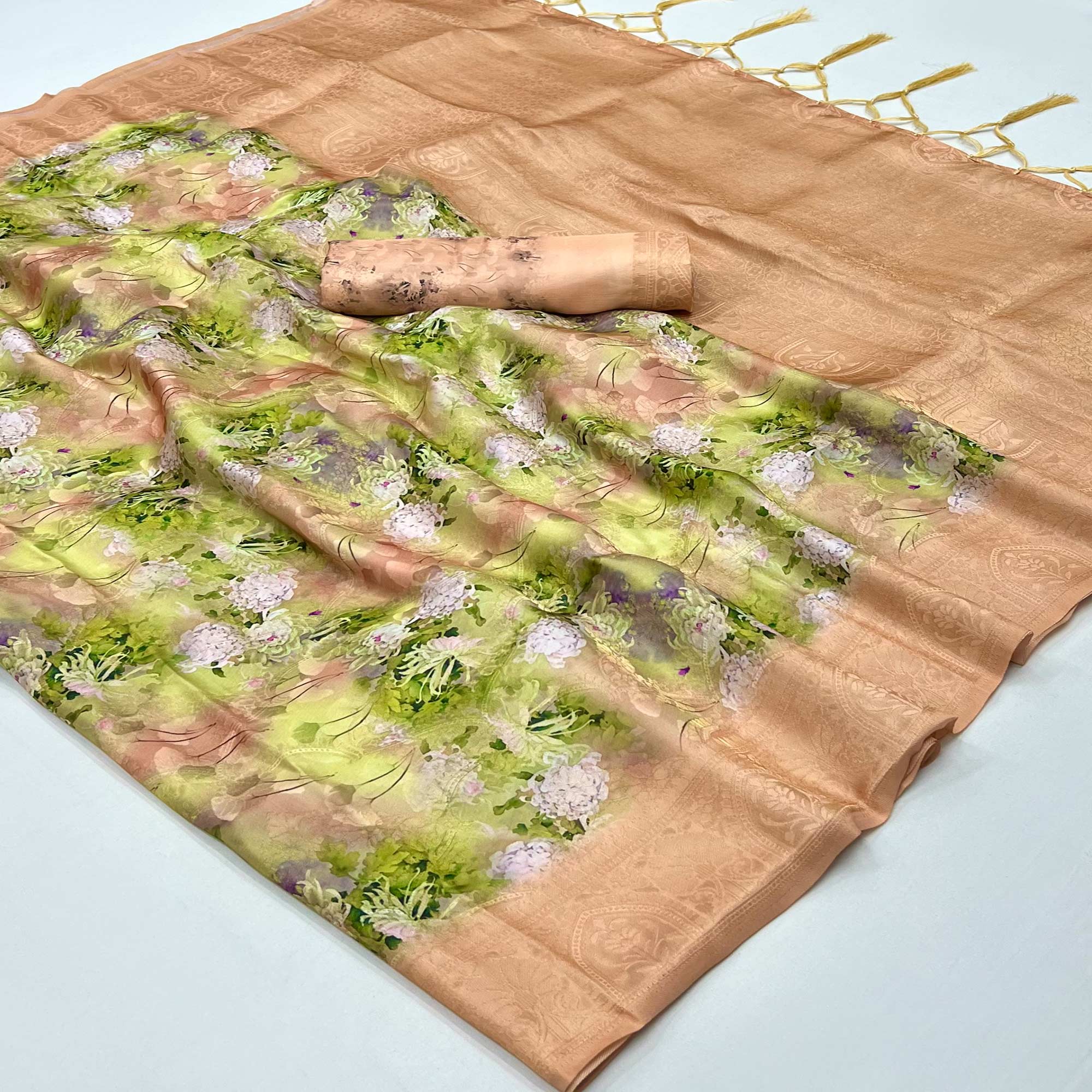 Peach Floral Digital Printed Jacquard Saree