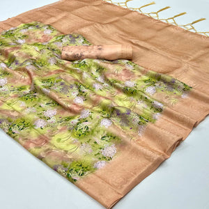 Peach Floral Digital Printed Jacquard Saree