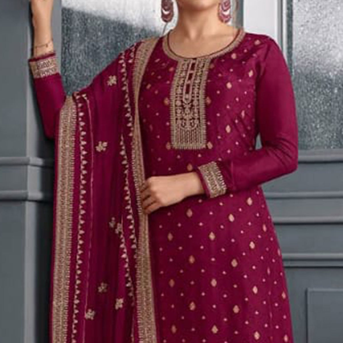 Pink Woven With Sequins Embroidered Dola Silk Palazzo Suit