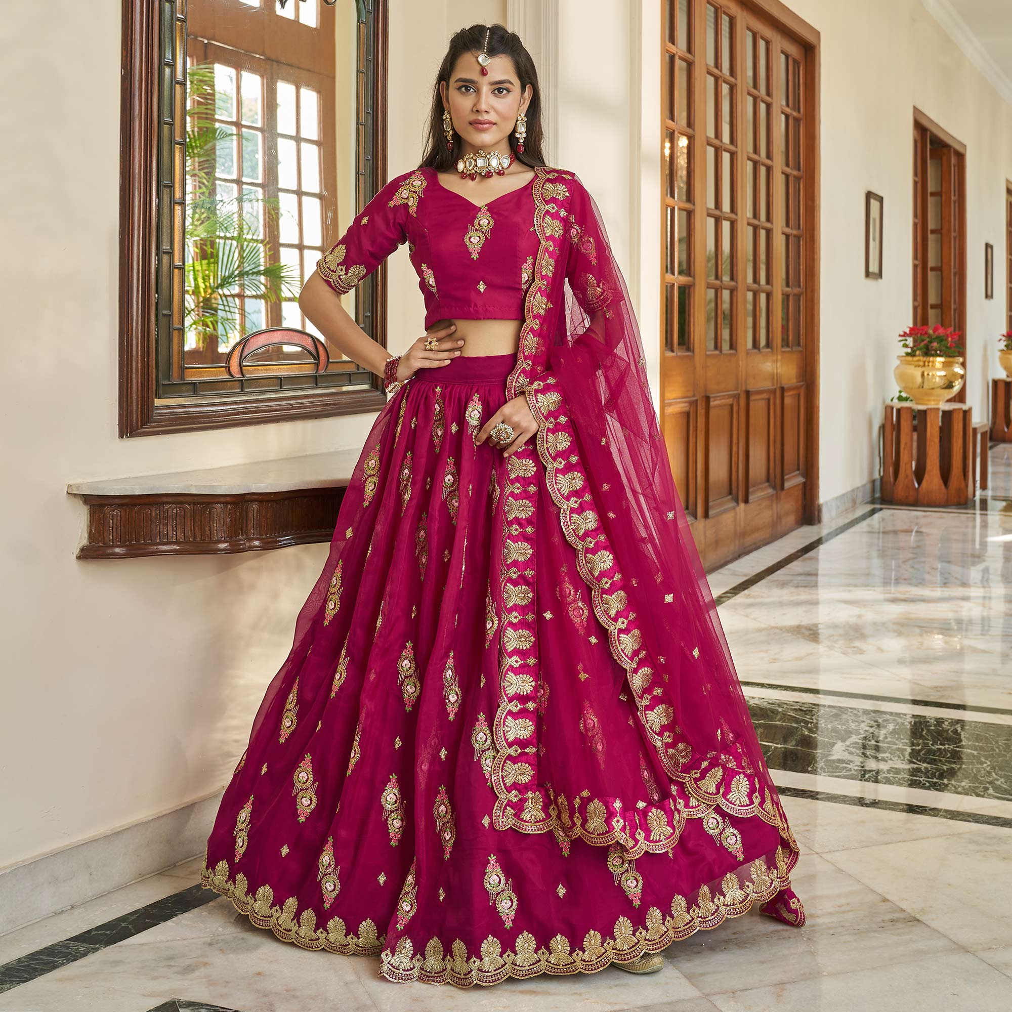 Rani Pink Sequins Embroidered Organza Lehenga Choli