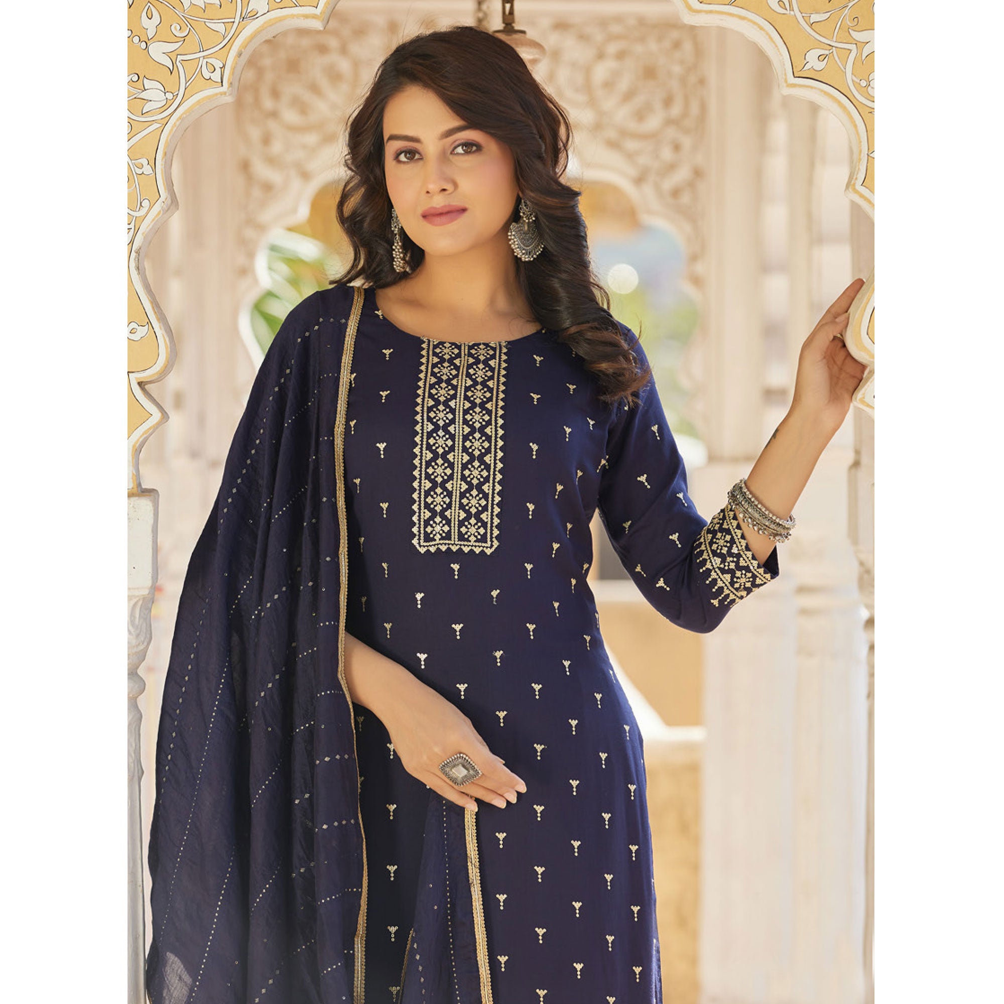 Navy Blue Embroidered Cotton Salwar Suit