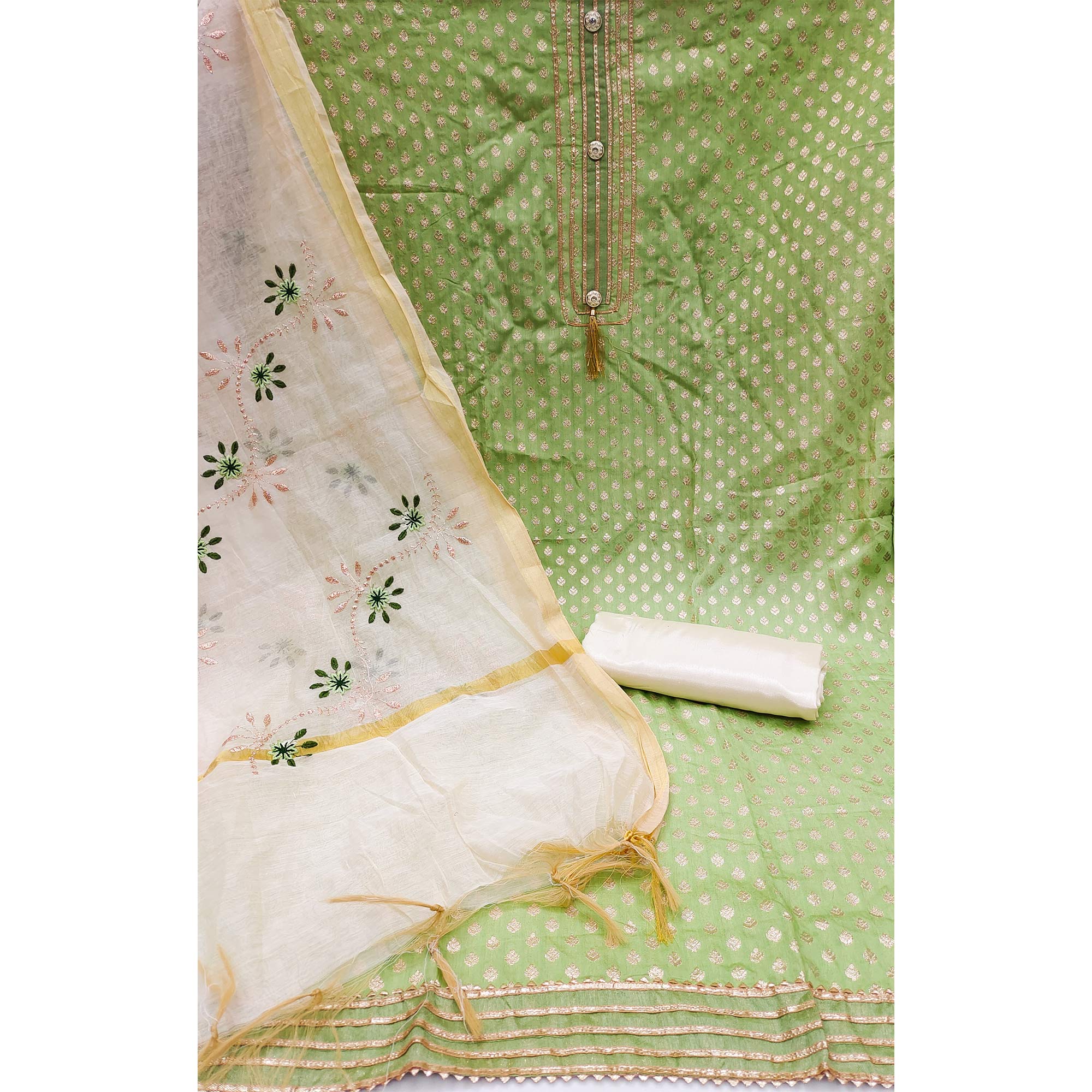 Green Woven Chanderi Dress Material