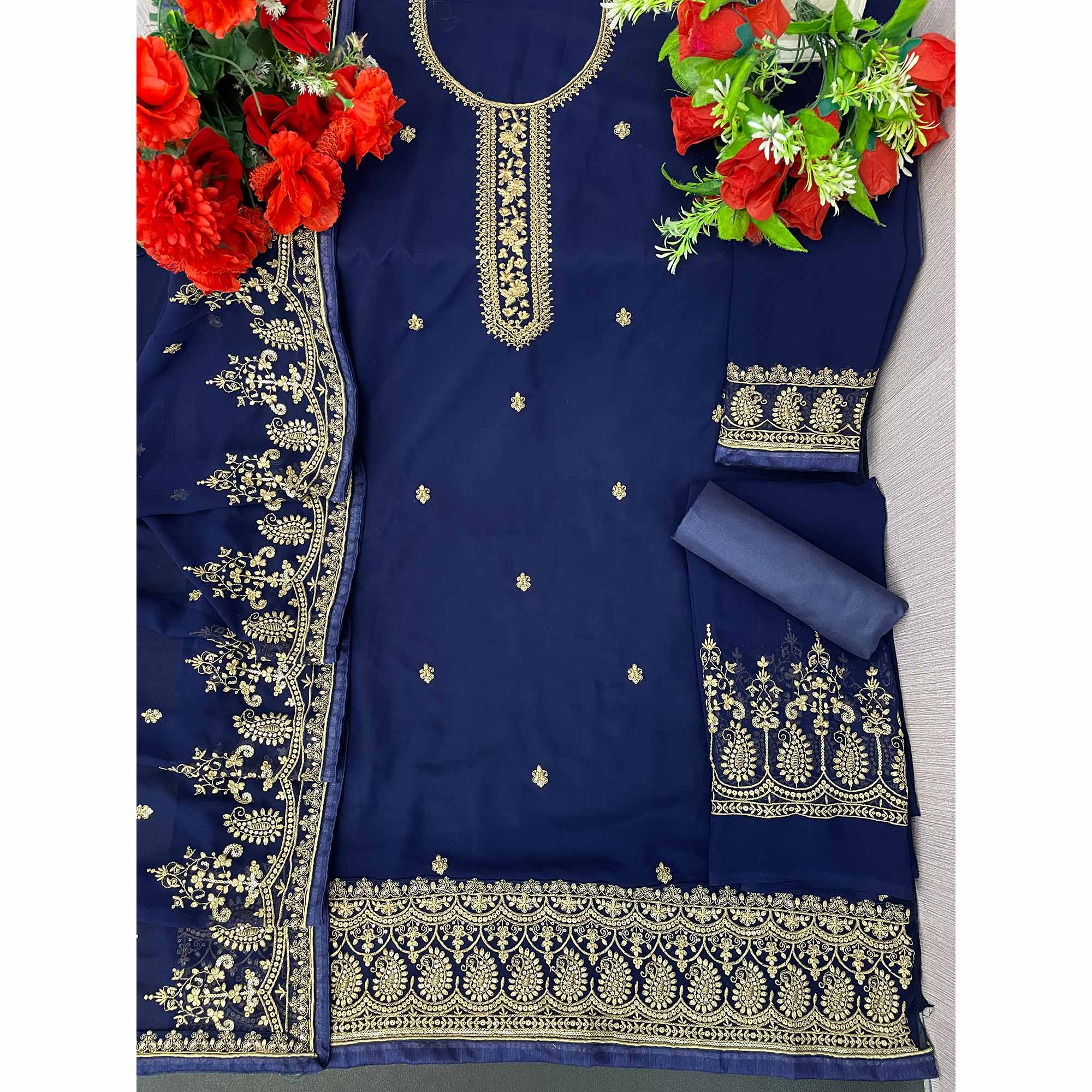 Blue Floral Embroidered Georgette Sharara Suit