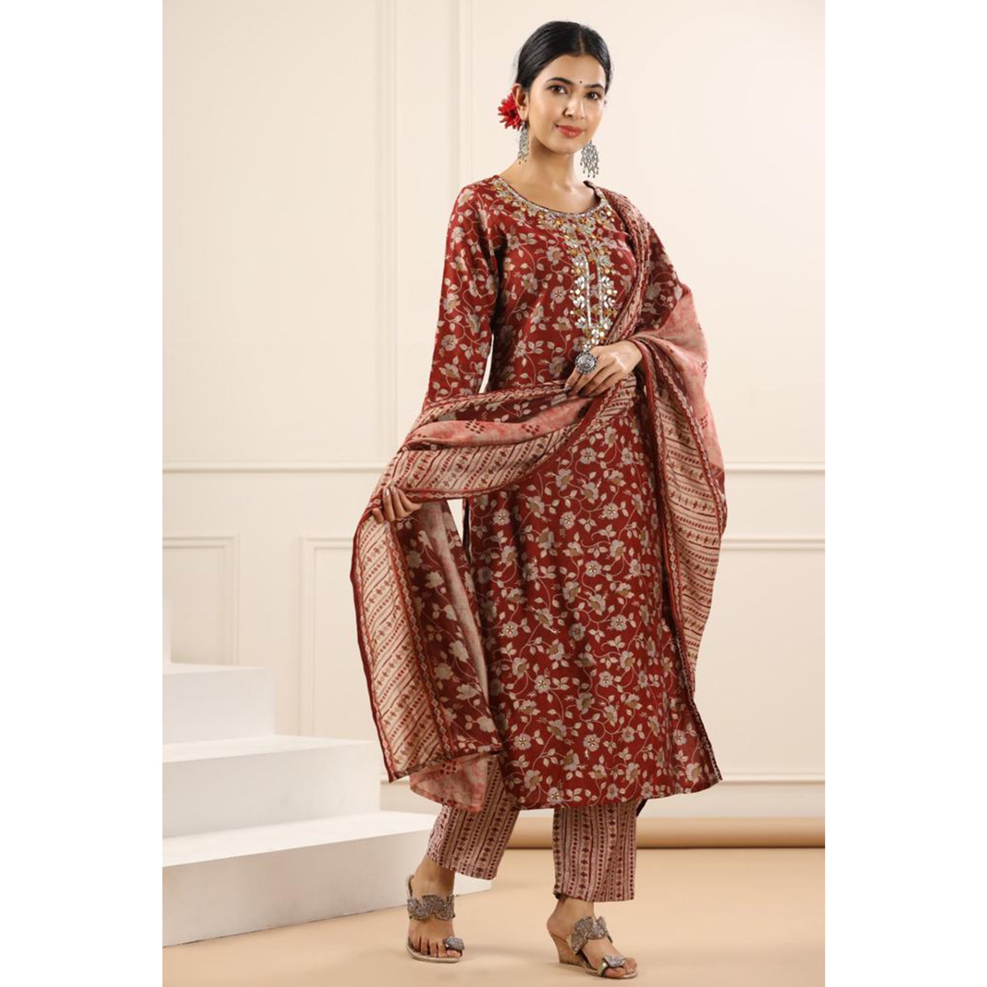 Maroon Jaipuri Printed Chanderi Salwar Suit