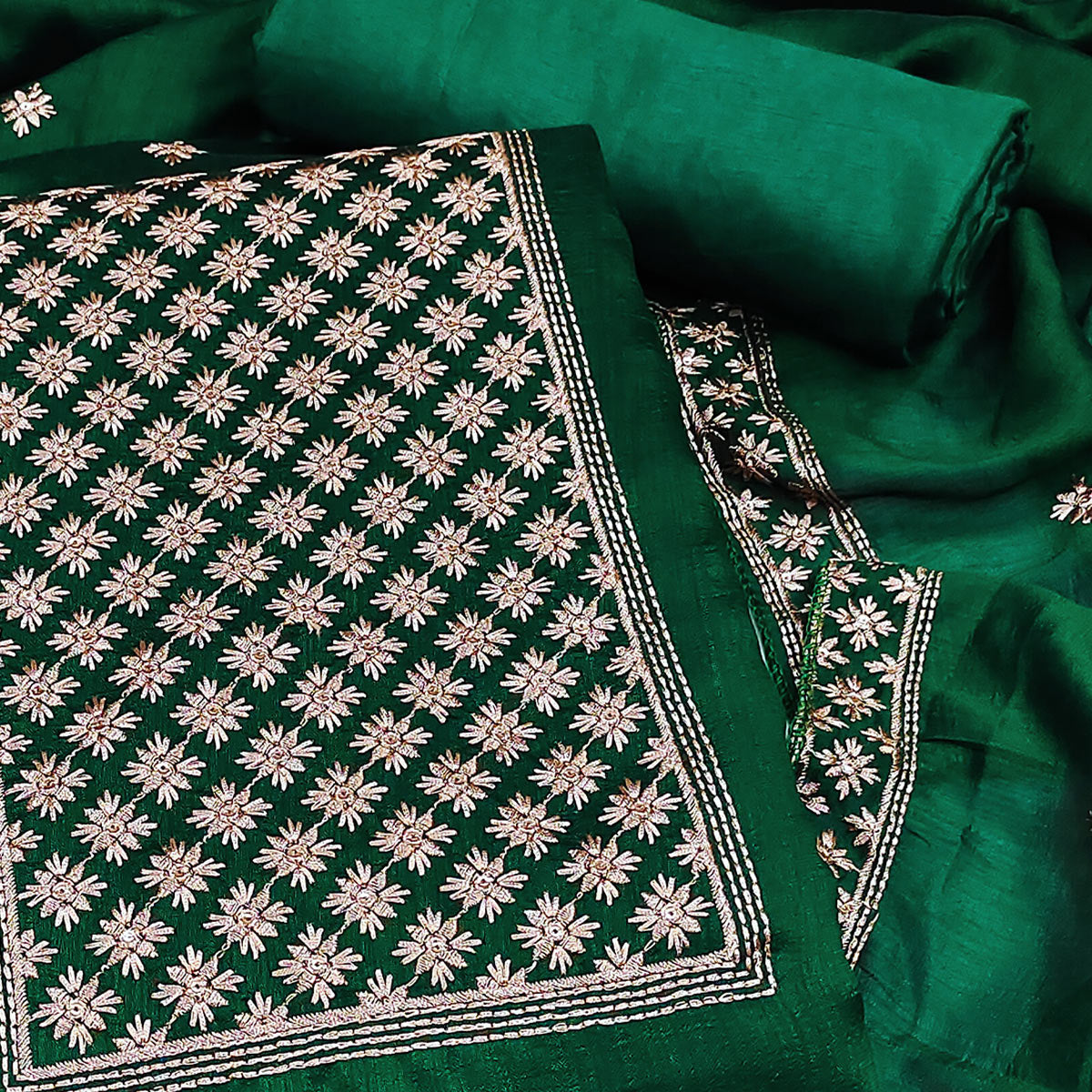 Bottle Green Embroidered Modal Dress Material