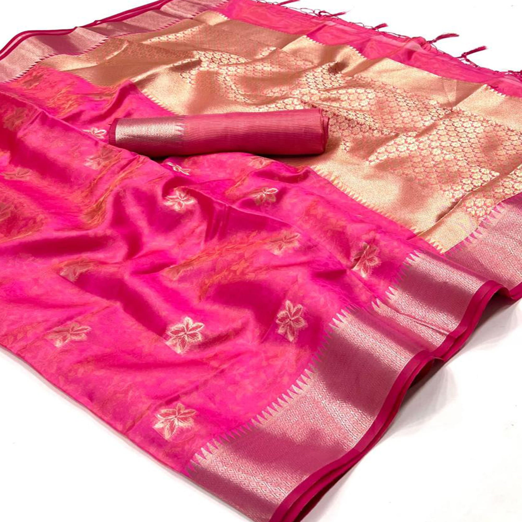 Pink Woven Organza Saree With Tassels