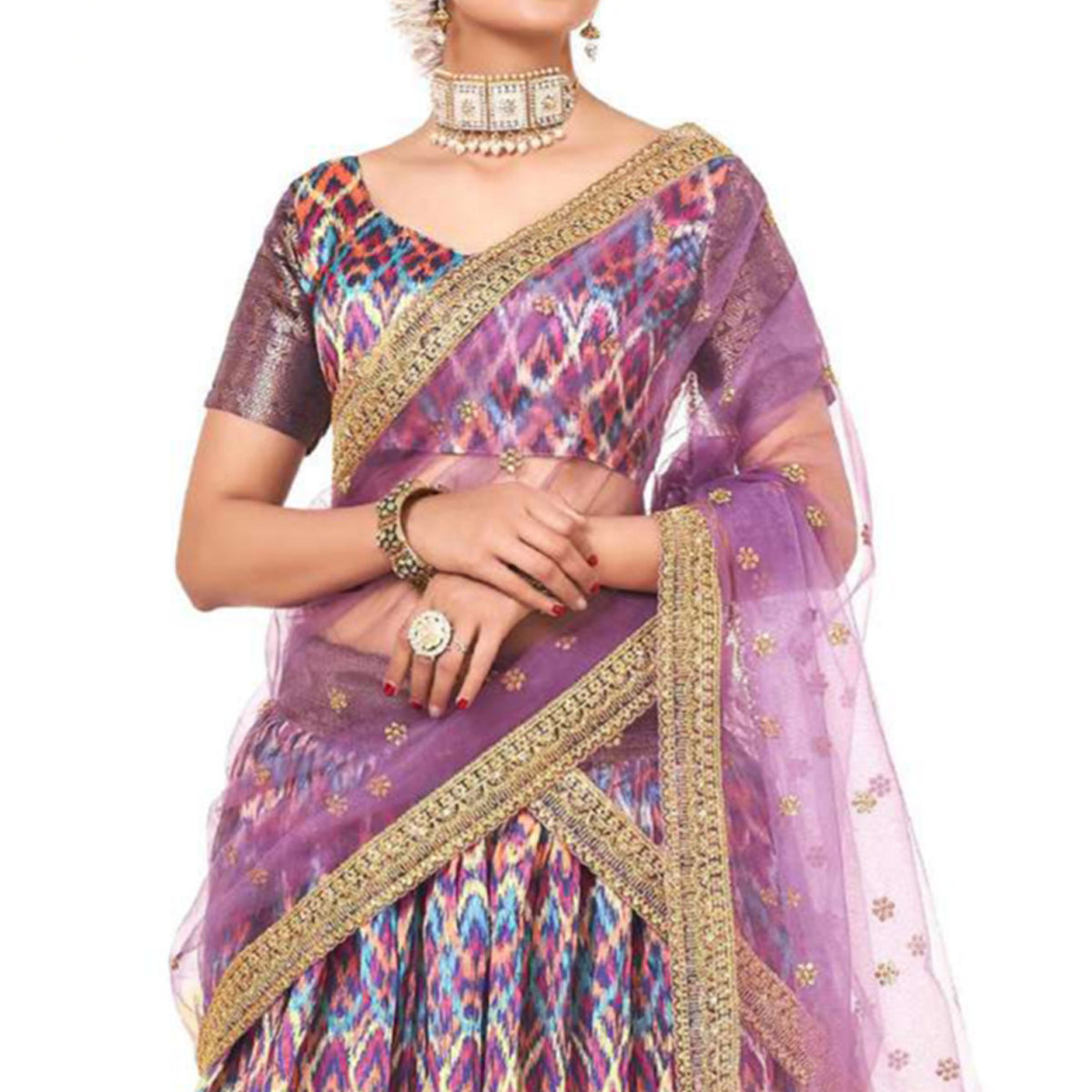 Multicolor Digital Printed With Zari Work Art Silk Lehenga Choli