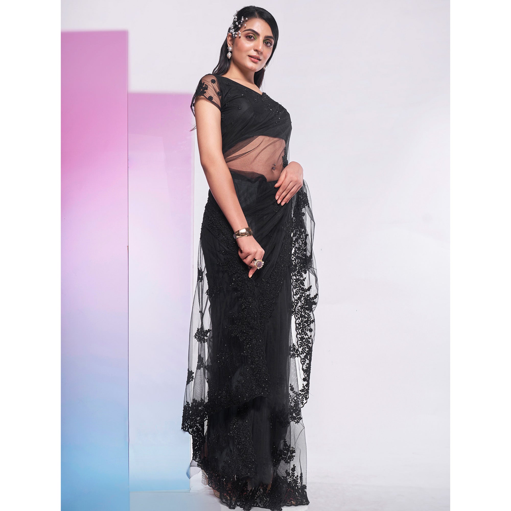 Black Floral Embroidered Net Saree