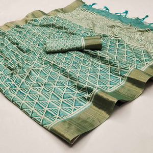 Turquoise Printed Matka Tussar Saree With Tassels