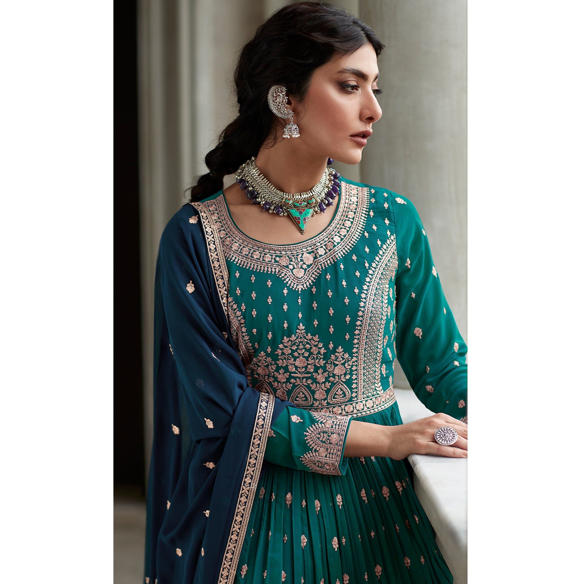 Rama Green Floral Embroidered Georgette Sharara Suit