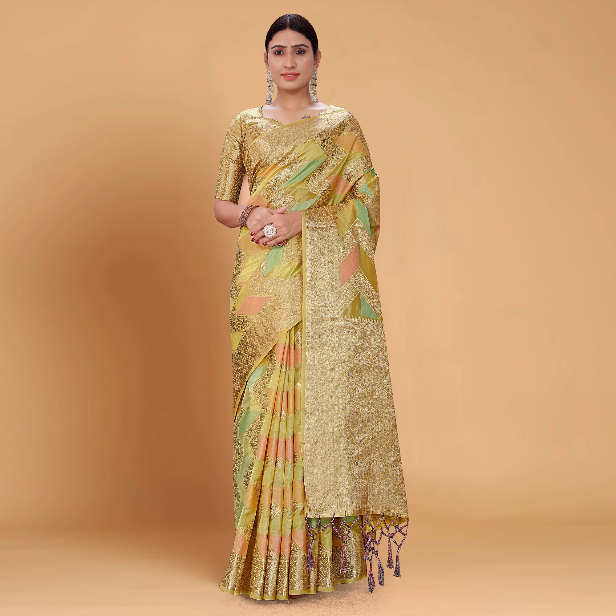 Green Woven Organza Saree With Tassels