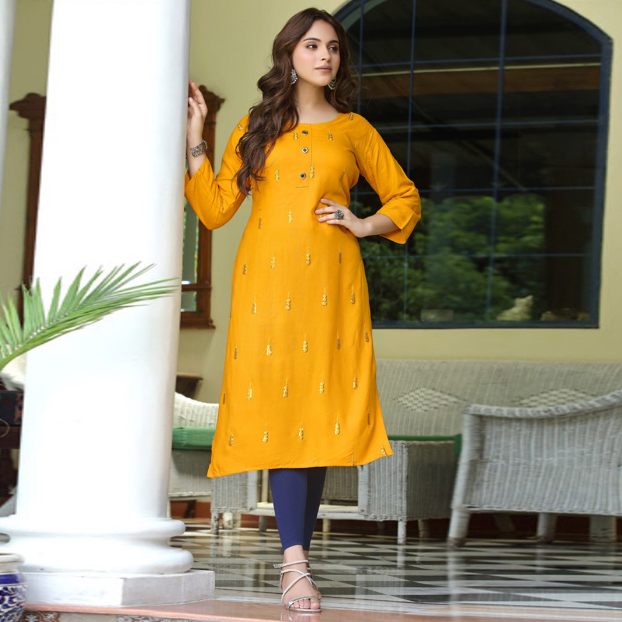 Yellow Embroidered Rayon Kurti