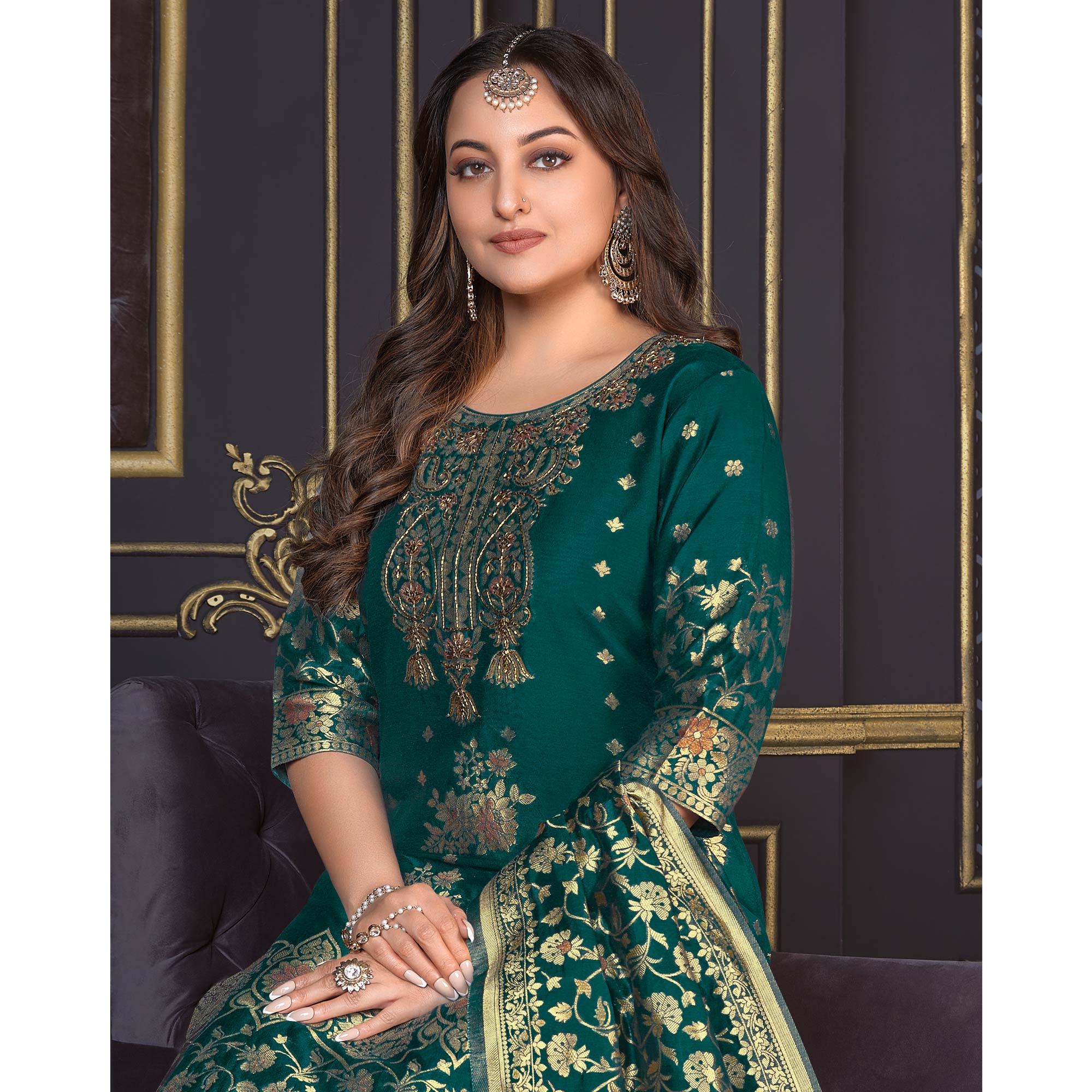 Teal Green Woven Banarasi Silk Salwar Suit