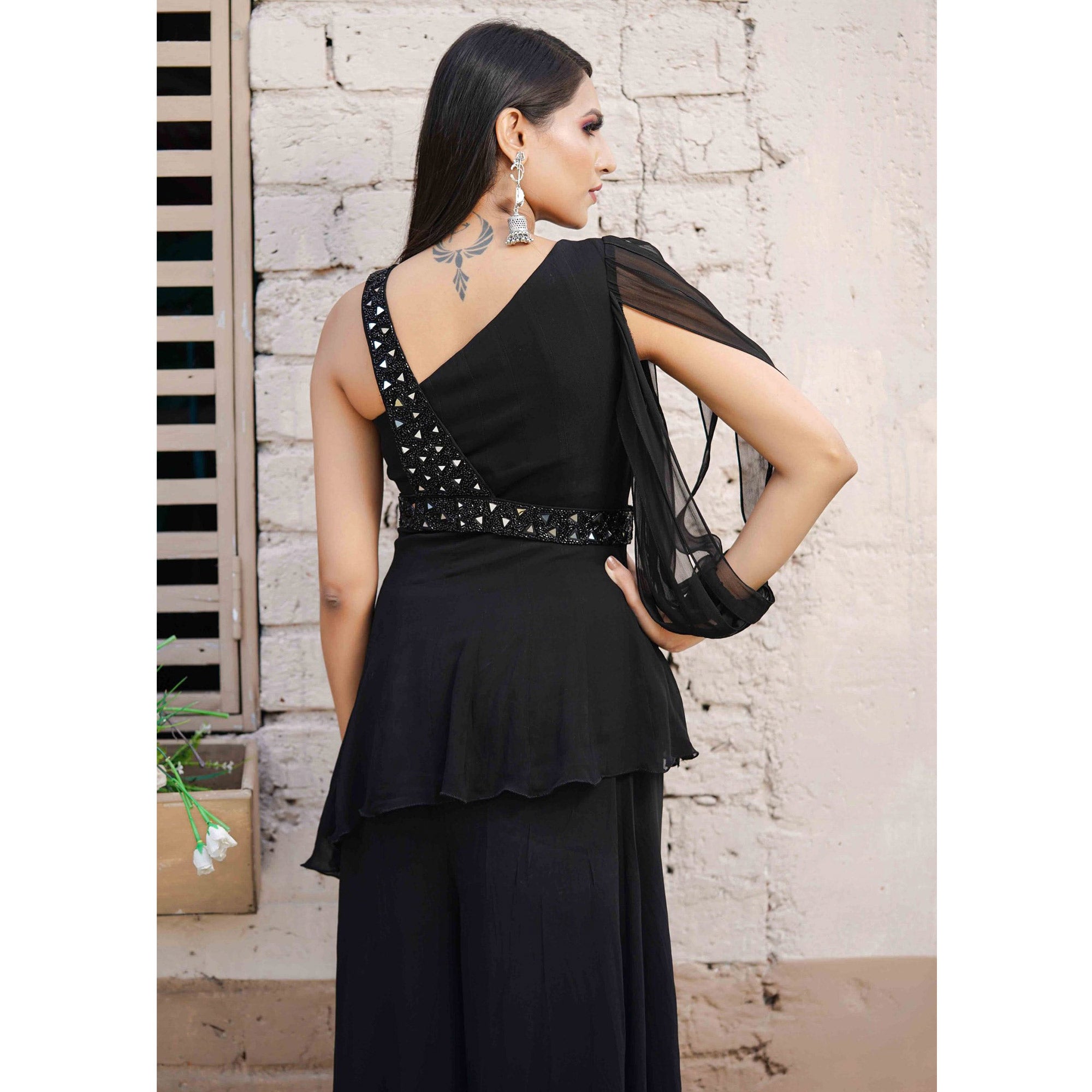 Black Embellished Handwork Georgette Palazzo Suit