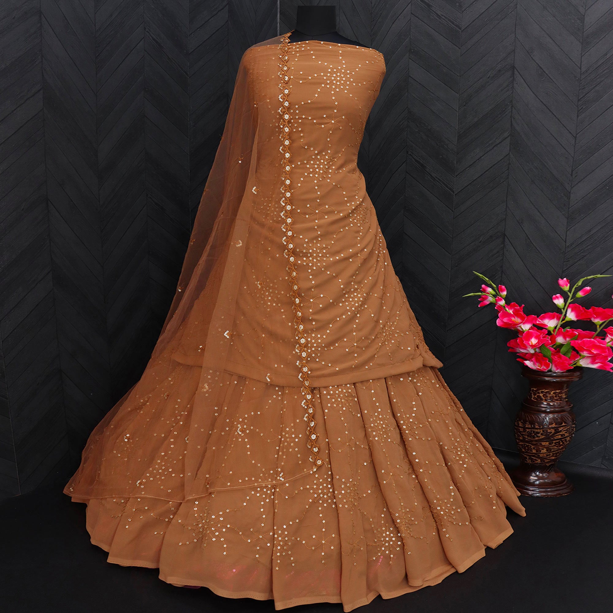 Brown Sequins Embroidered Georgette Semi Stitched Gharara Style Suit