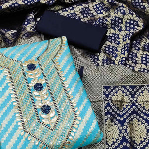 Sky Blue Woven With Embroidered Chanderi Dress Material