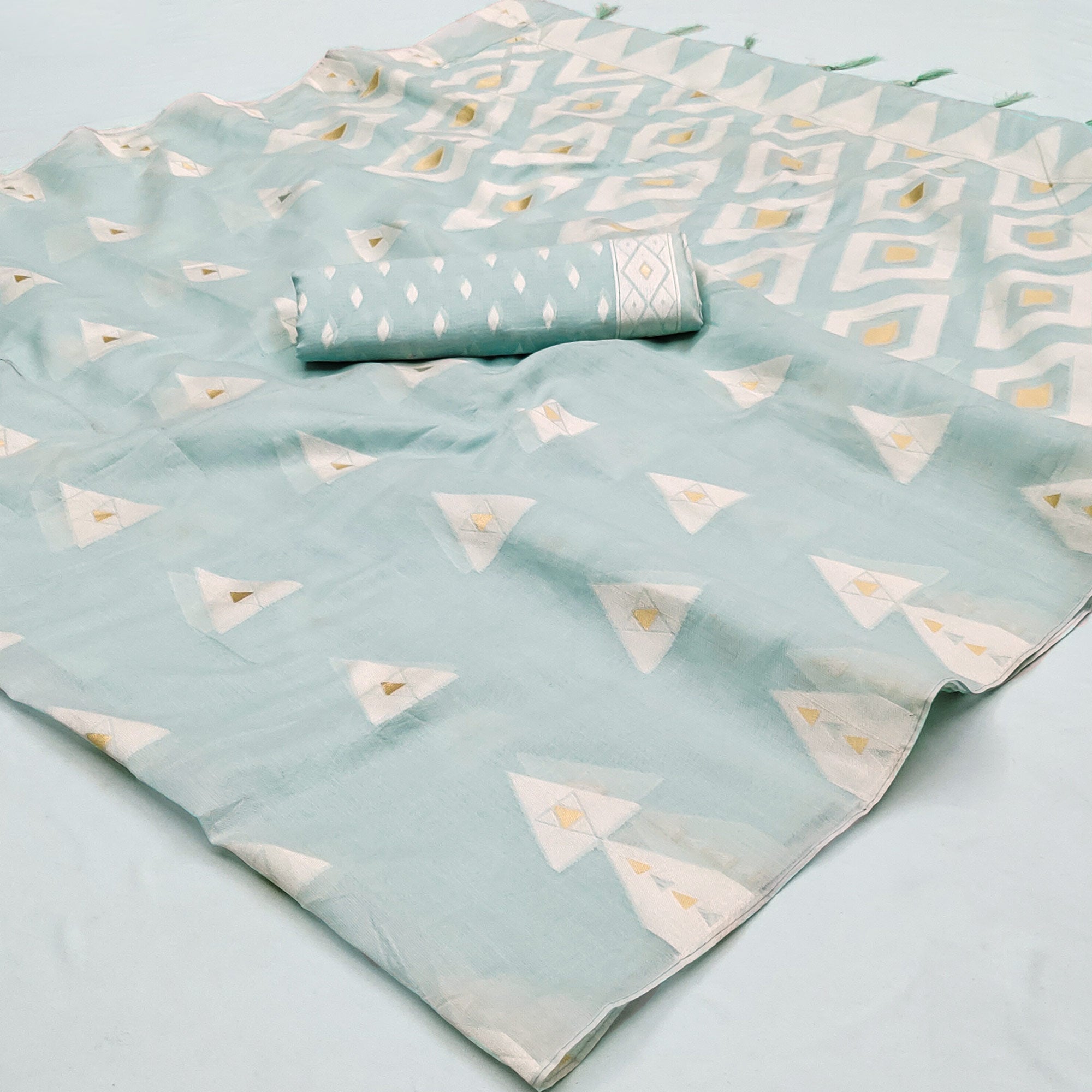 Light Blue Woven Cotton Saree With Tassels