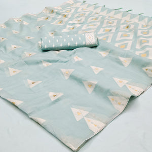 Light Blue Woven Cotton Saree With Tassels