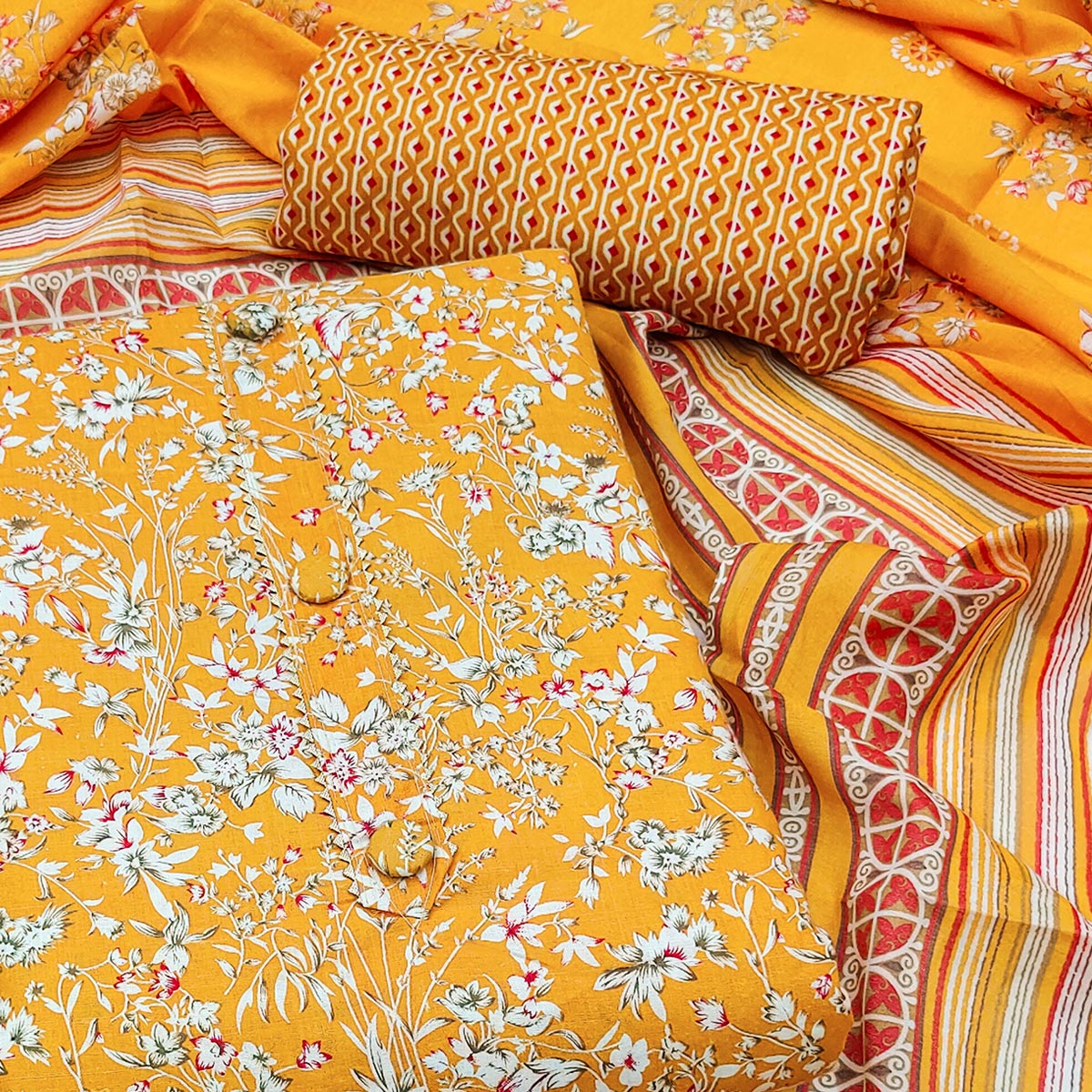 Mustard Floral Printed Cotton Blend Dress Material