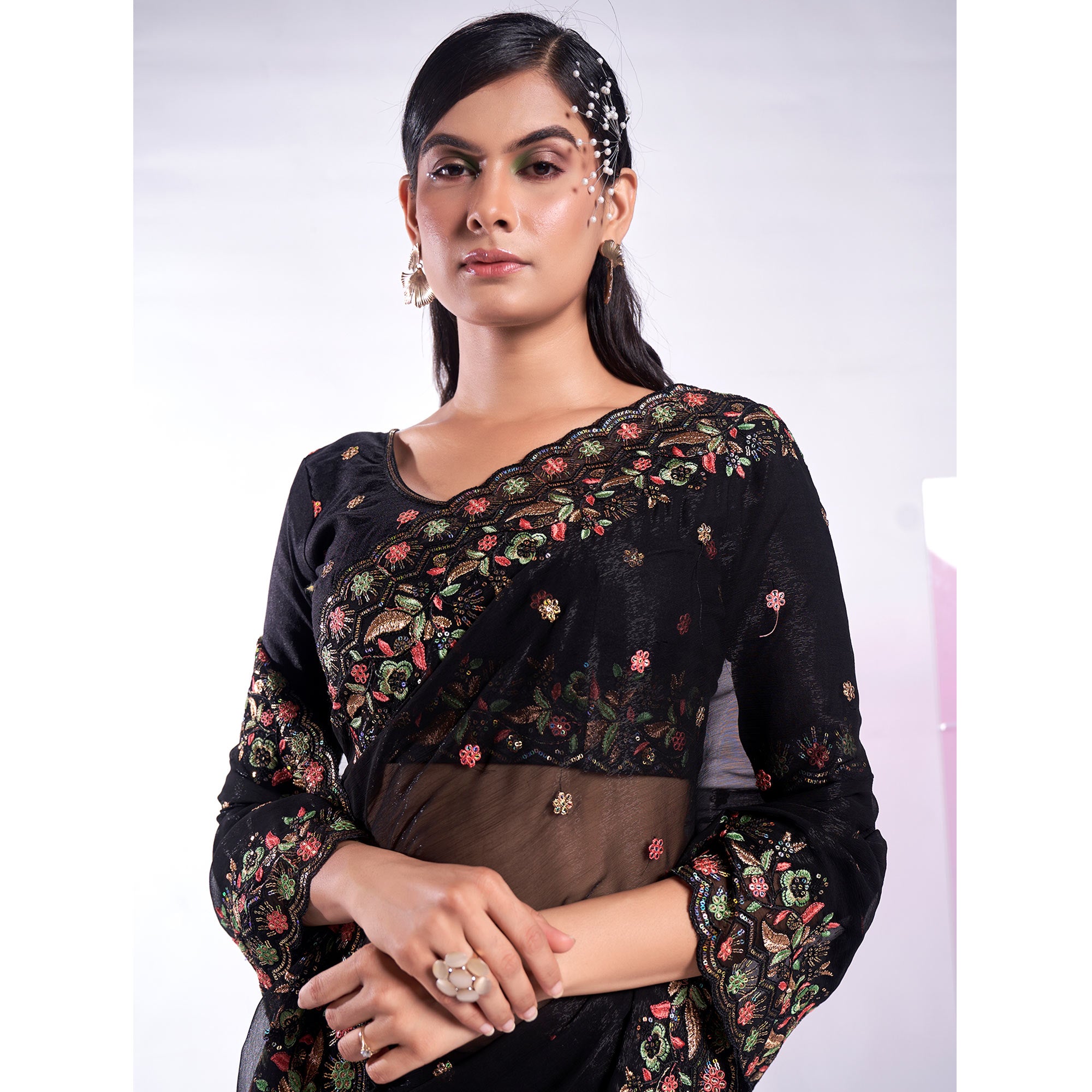 Black Floral Embroidered Georgette Saree
